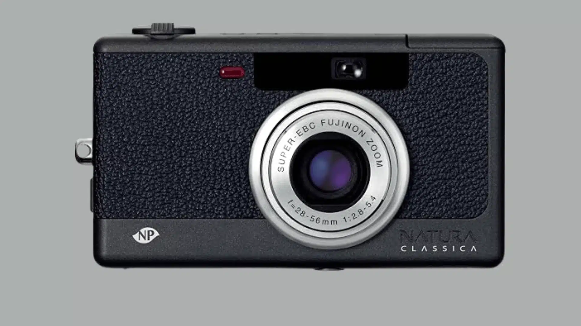 Front view of a black Fujifilm Natura Classica compact film camera with a Fujinon zoom lens.