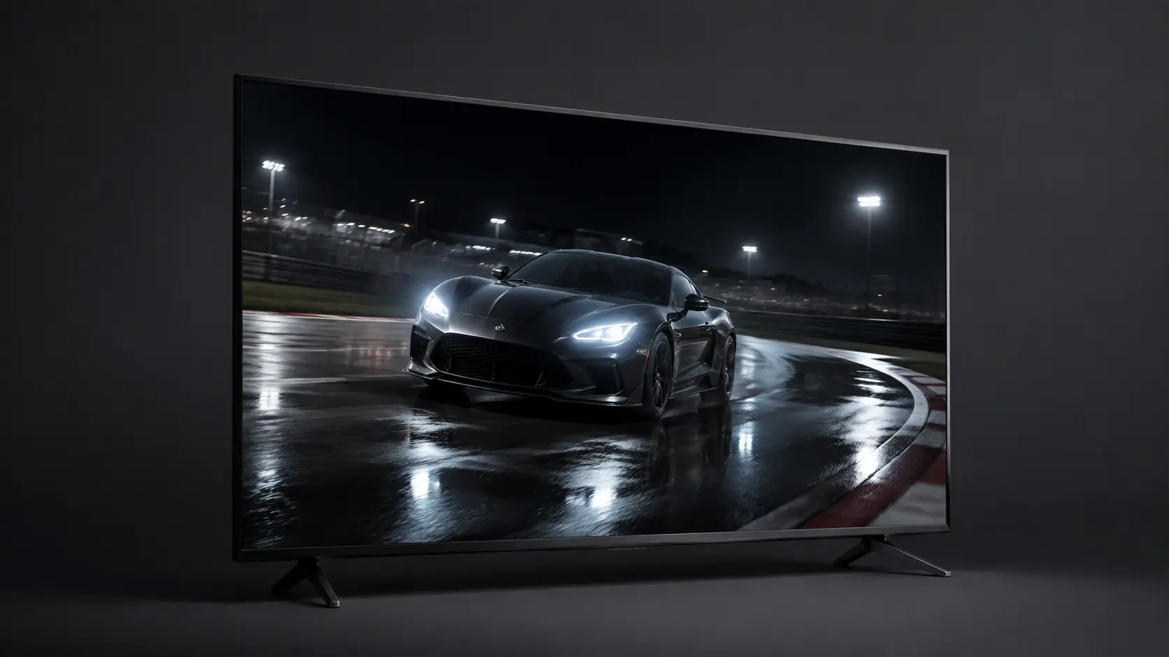 Television displaying a nighttime racing game with bright headlights, wet-road reflections, and detailed shadows.