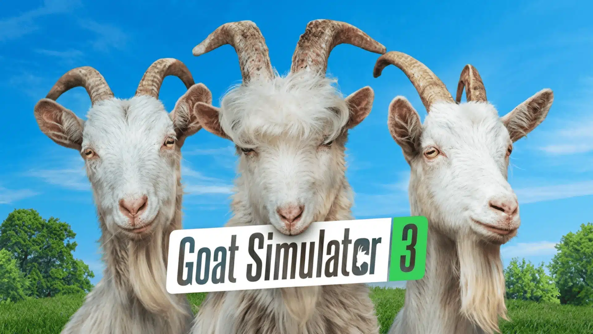 Three white goats with large horns stand in a grassy field under a blue sky with the Goat Simulator 3 logo.