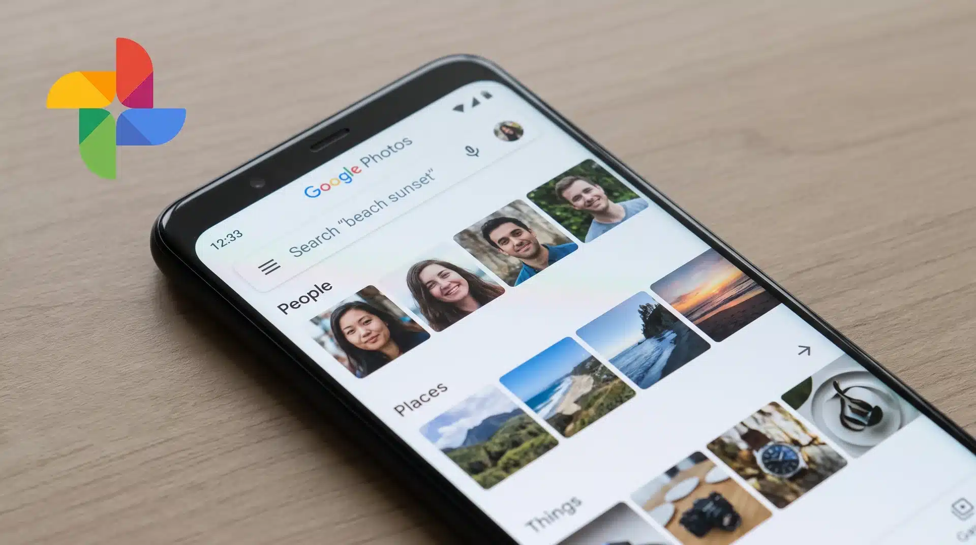 Smartphone showing Google Photos app with photo organization and search features