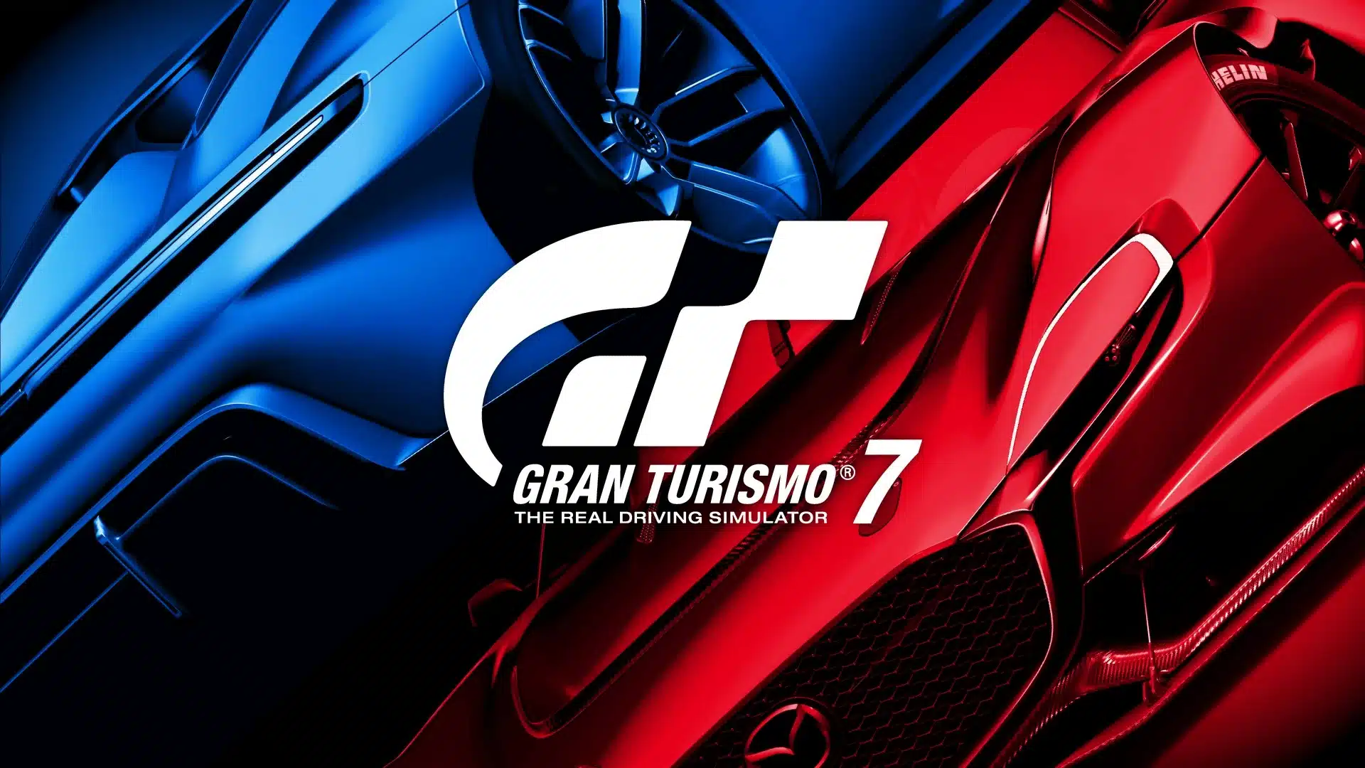 Gran Turismo 7 artwork showing blue and red sports cars with the GT logo and The Real Driving Simulator text.