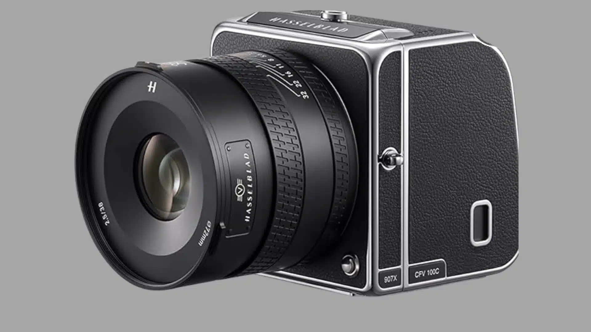 Three-quarter view of a black Hasselblad 907X medium-format camera with a wide-angle lens.