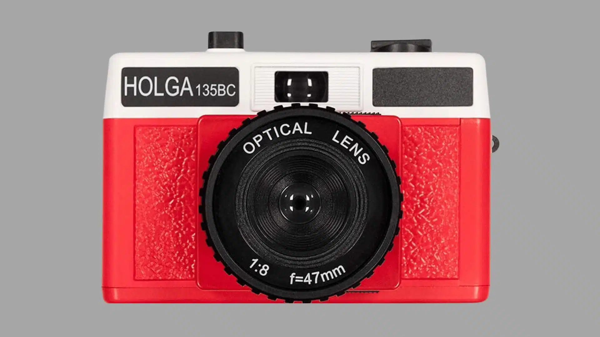 Front view of a red and white Holga 135BC film camera with a black 47mm lens on a white background.