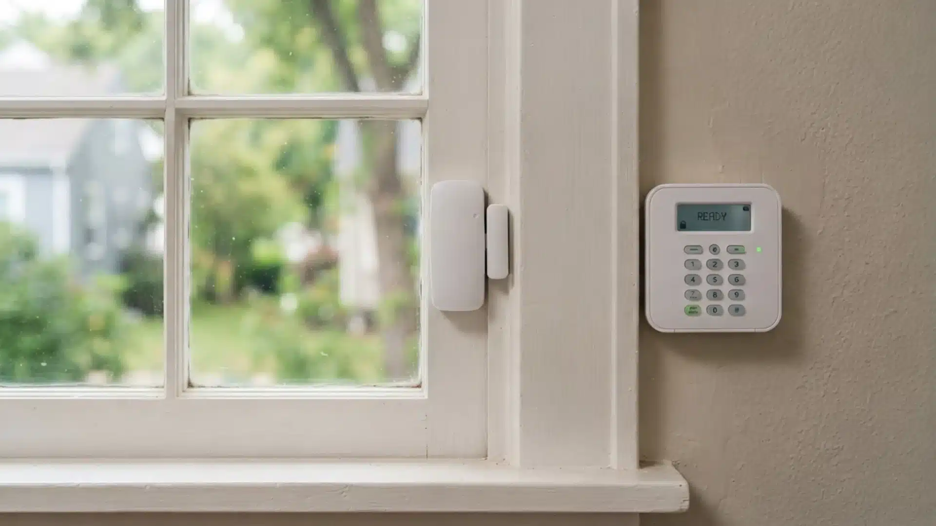 A white wireless door sensor mounted on a window frame next to a security keypad.