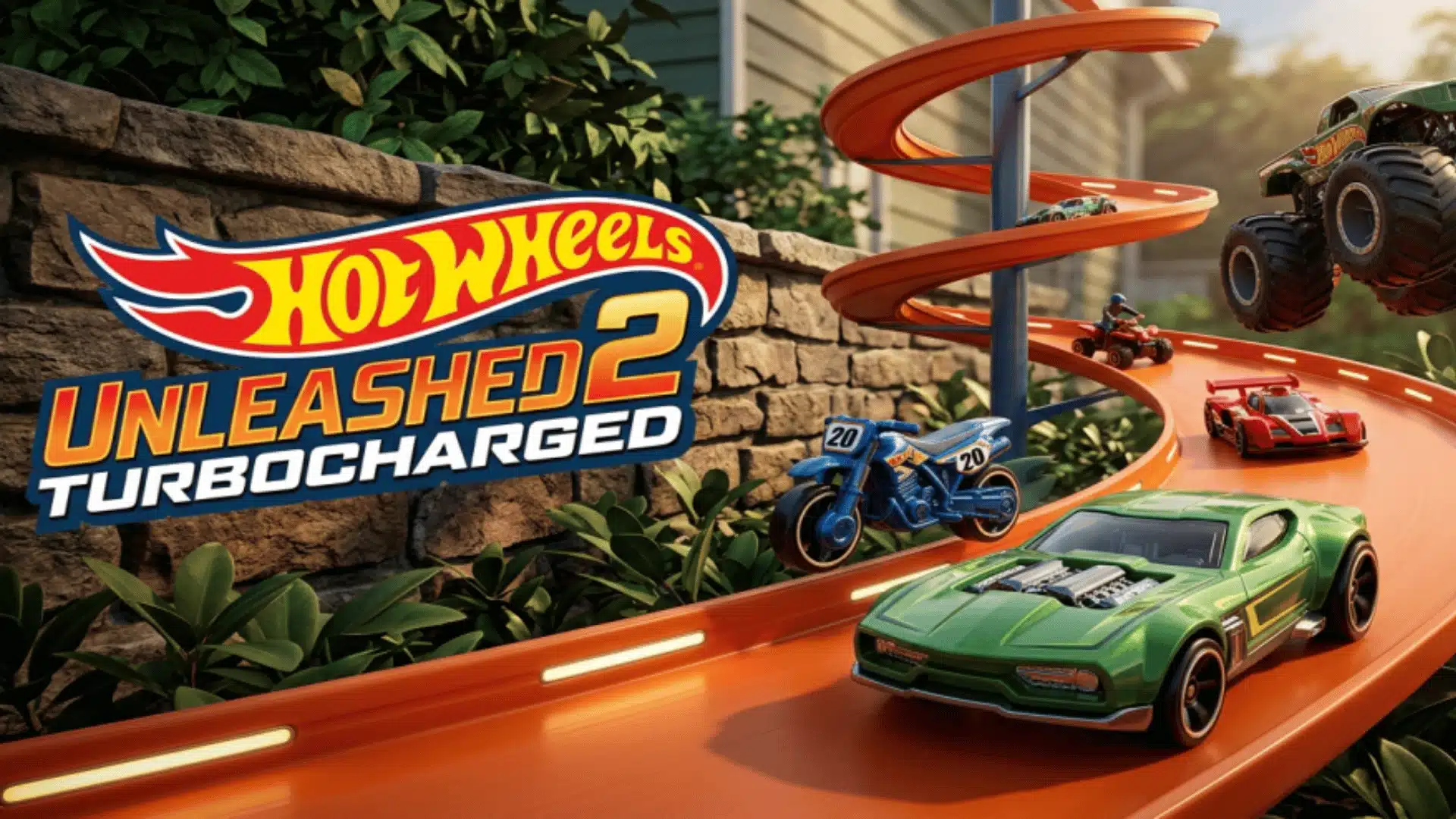Toy cars race on an orange track through a backyard setting with the Hot Wheels Unleashed 2 Turbocharged logo.