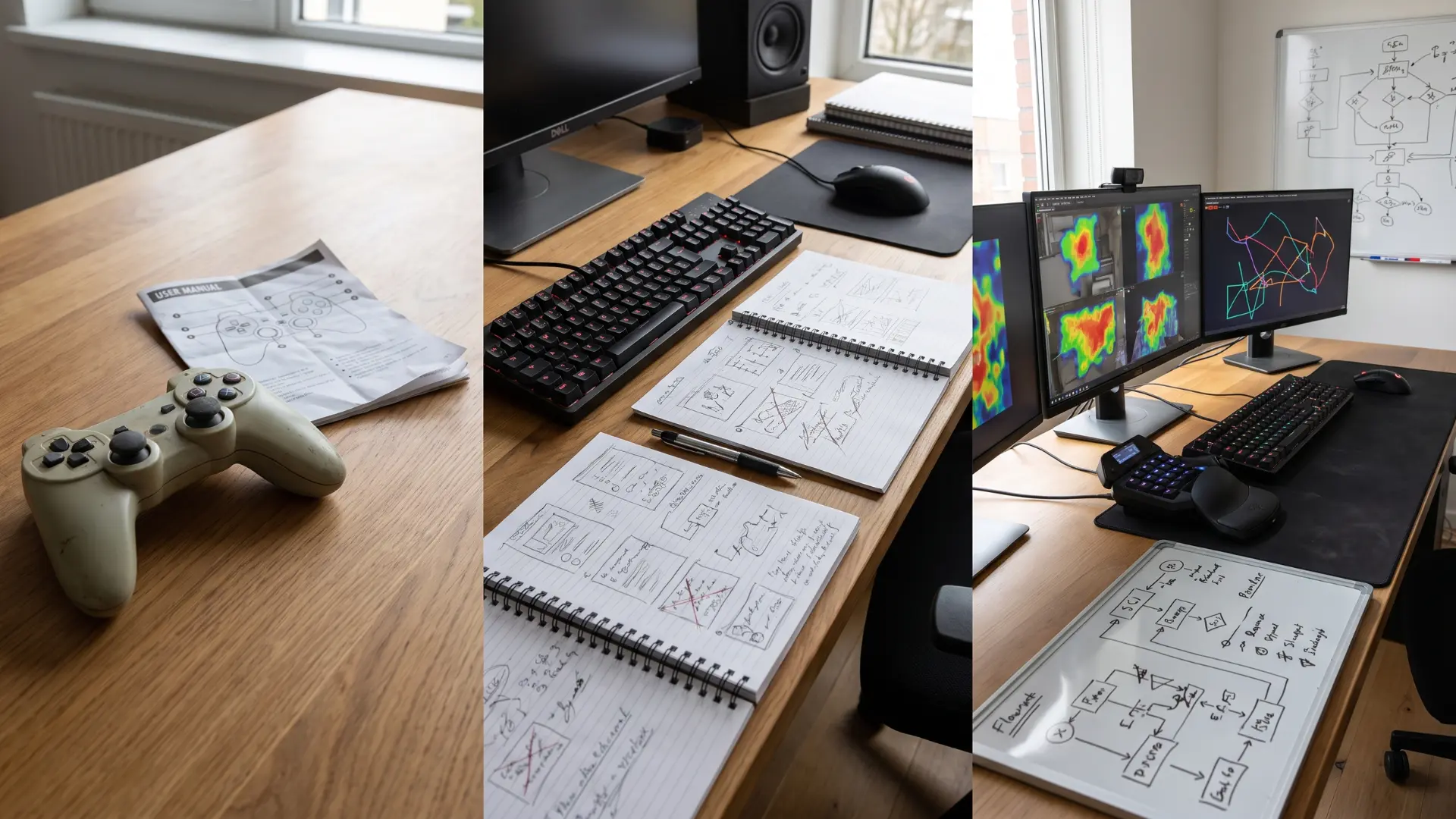 Gaming progression setup showing beginner, practice, and advanced strategy stages