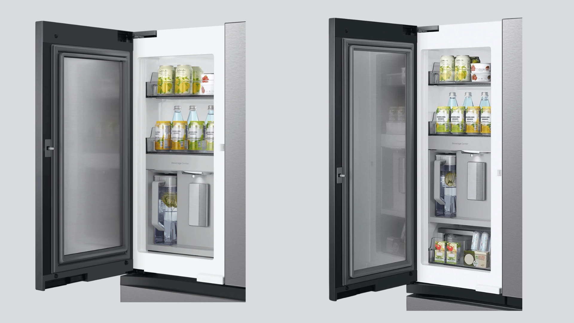 Open refrigerator door showing beverage storage, door bins, and interior layout comparison for daily use.