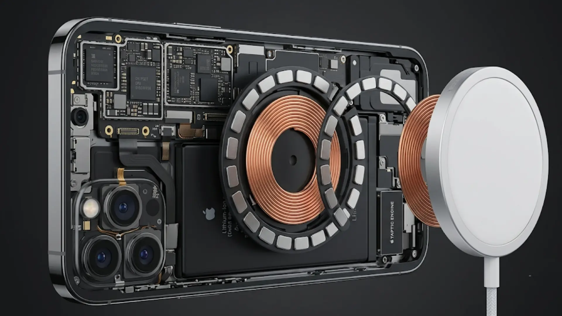 Cutaway view of an iPhone showing the MagSafe magnet ring surrounding the wireless charging coil