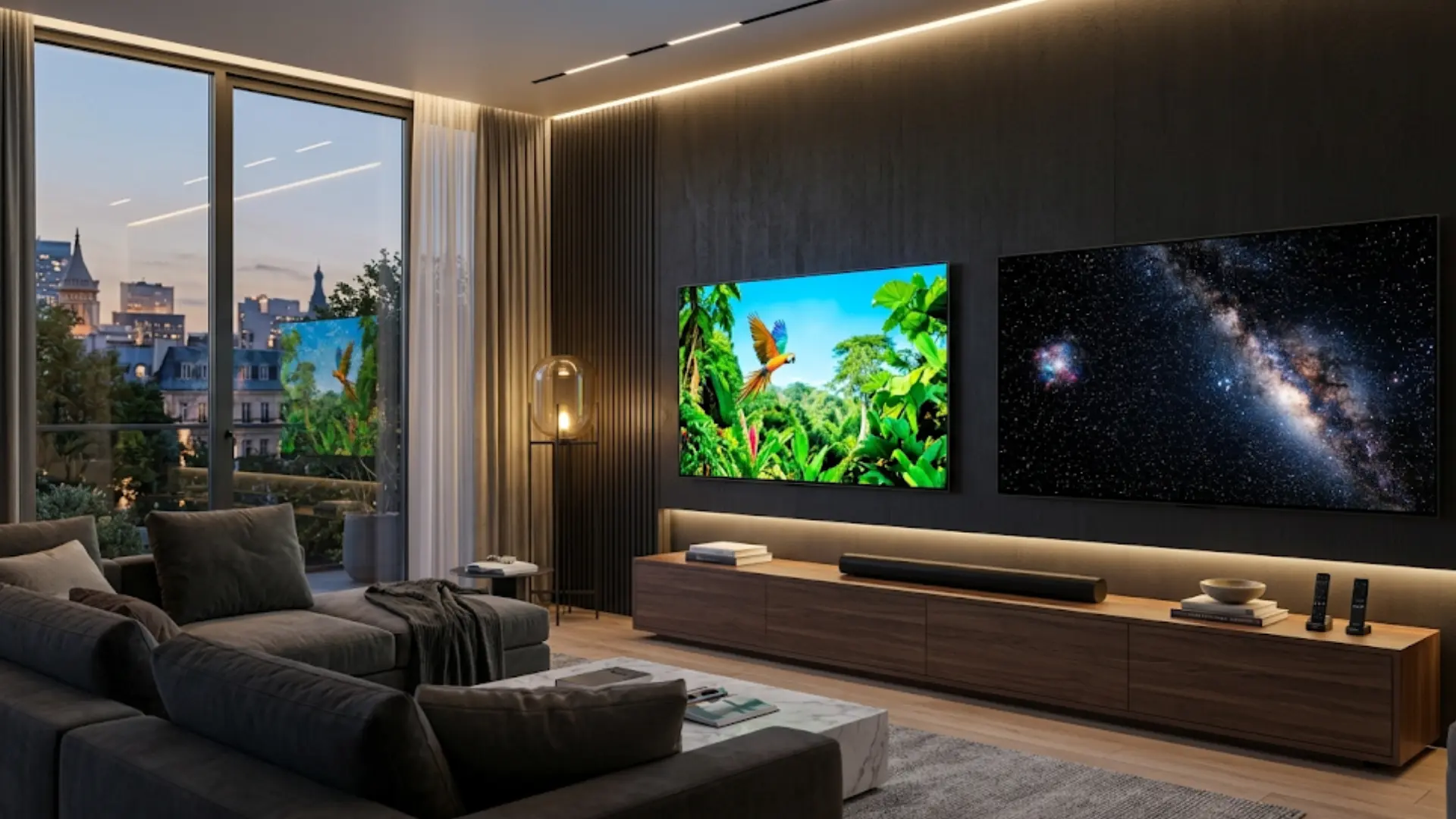 ultra-thin TVs side-by-side on a dark wall. Left shows a vivid nature scene, right a deep space view