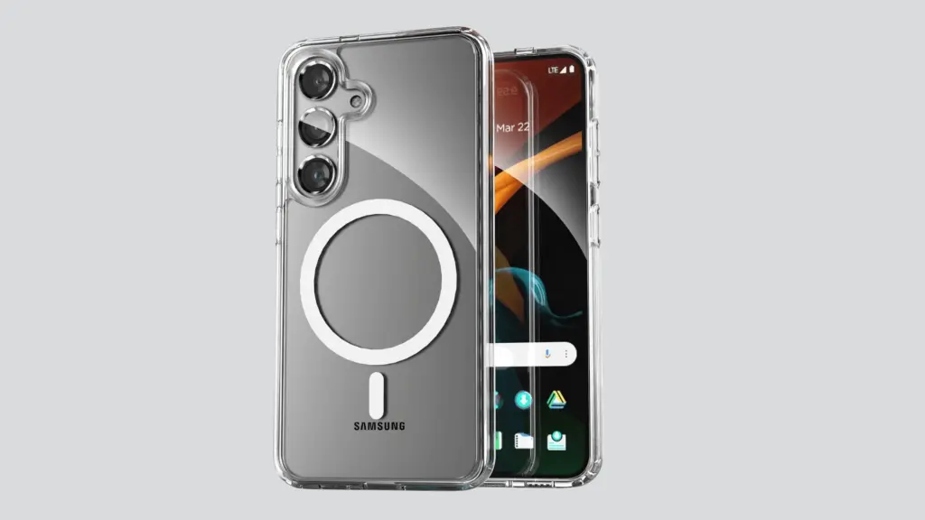 Samsung phone with a MagSafe-style magnetic ring case for wireless charging compatibility.