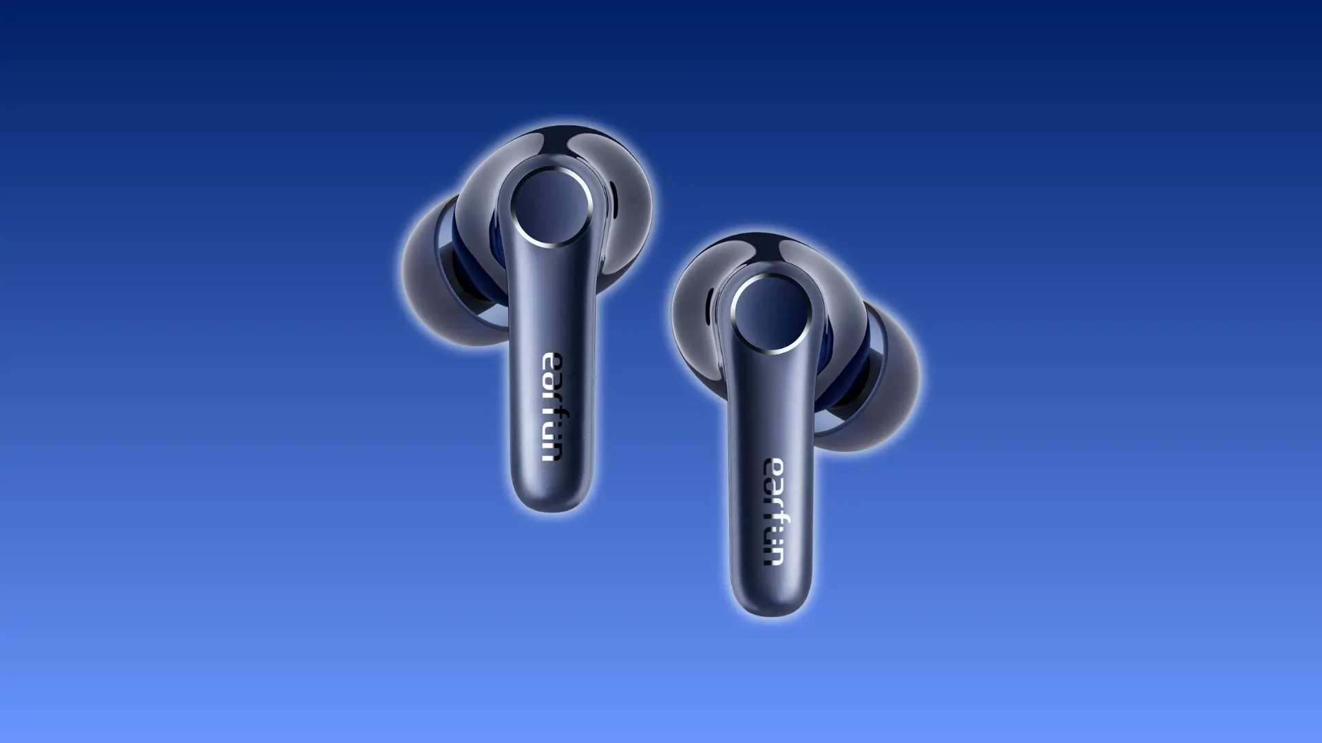 Close-up of the EarFun Air Pro 4 earbuds showing their glossy finish and ergonomic angled tips against a solid blue background