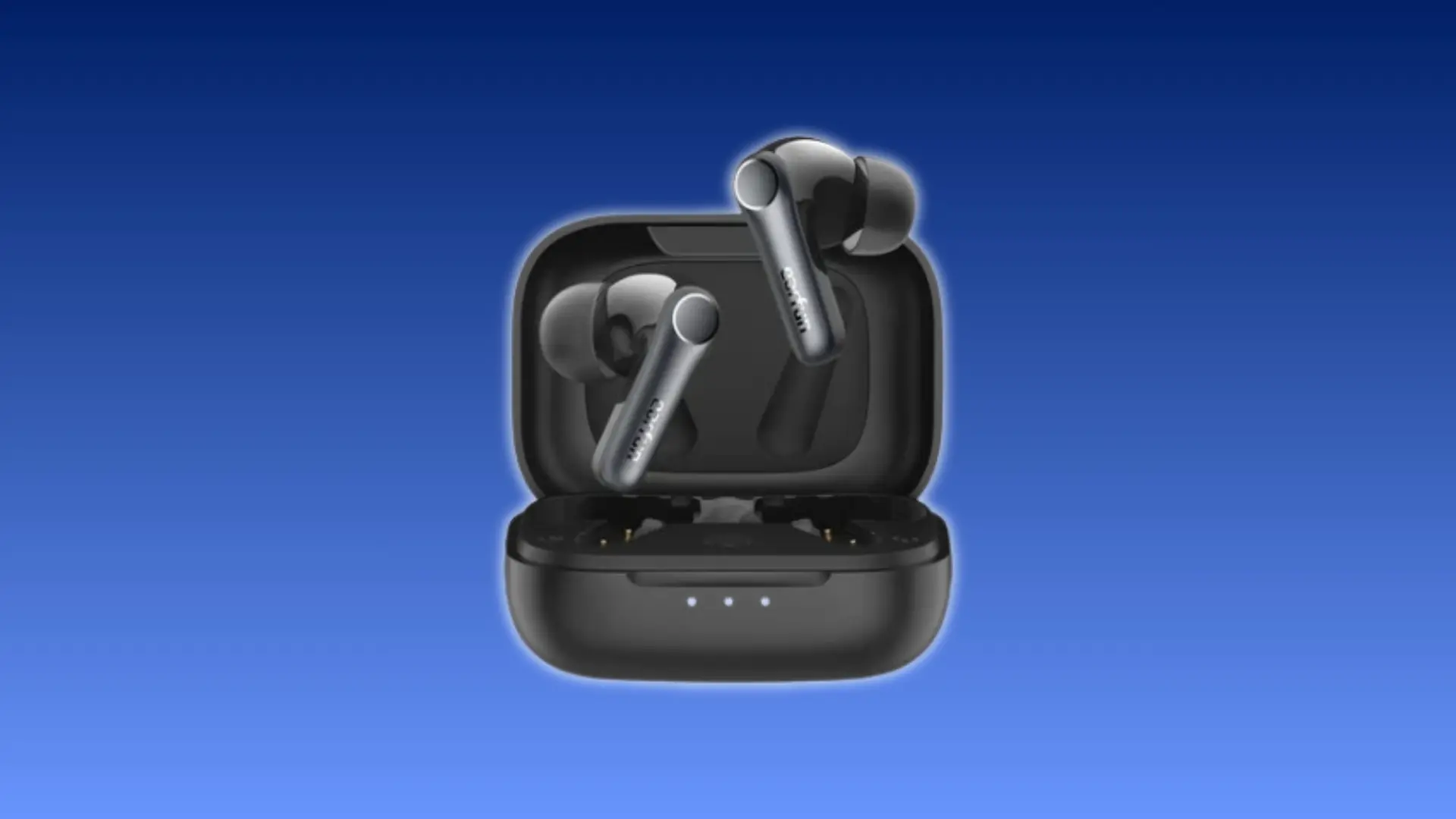 Black wireless earbuds in an open charging case against a blue gradient background
