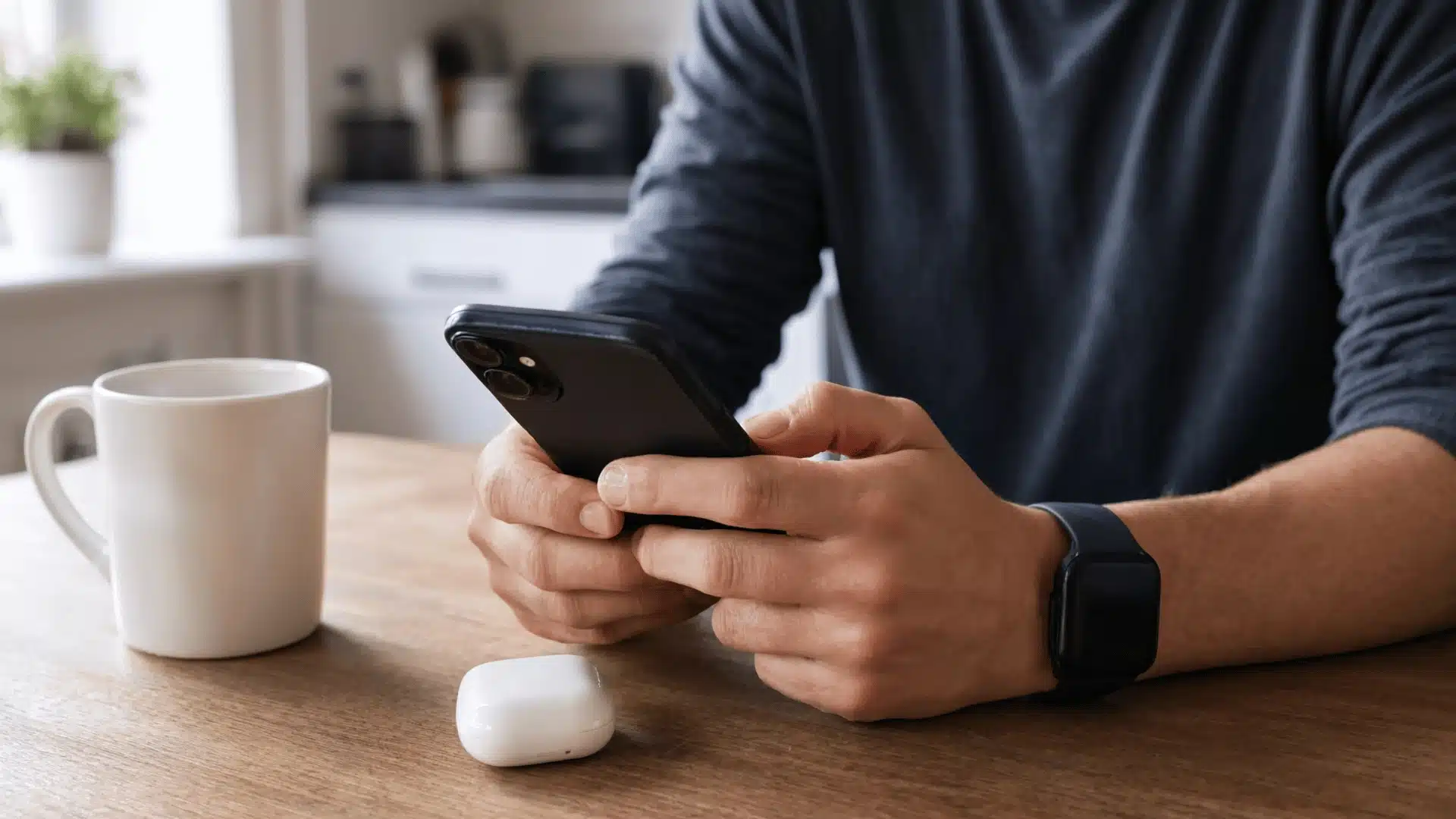 Person using a smartphone at a kitchen table with a smartwatch, wireless earbuds case, and coffee mug nearby, showing how phones fit into daily routines