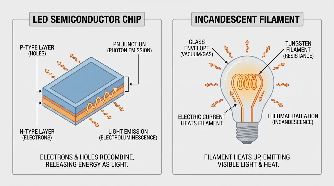 Diagram comparing LED semiconductor and incandescent filament light emission