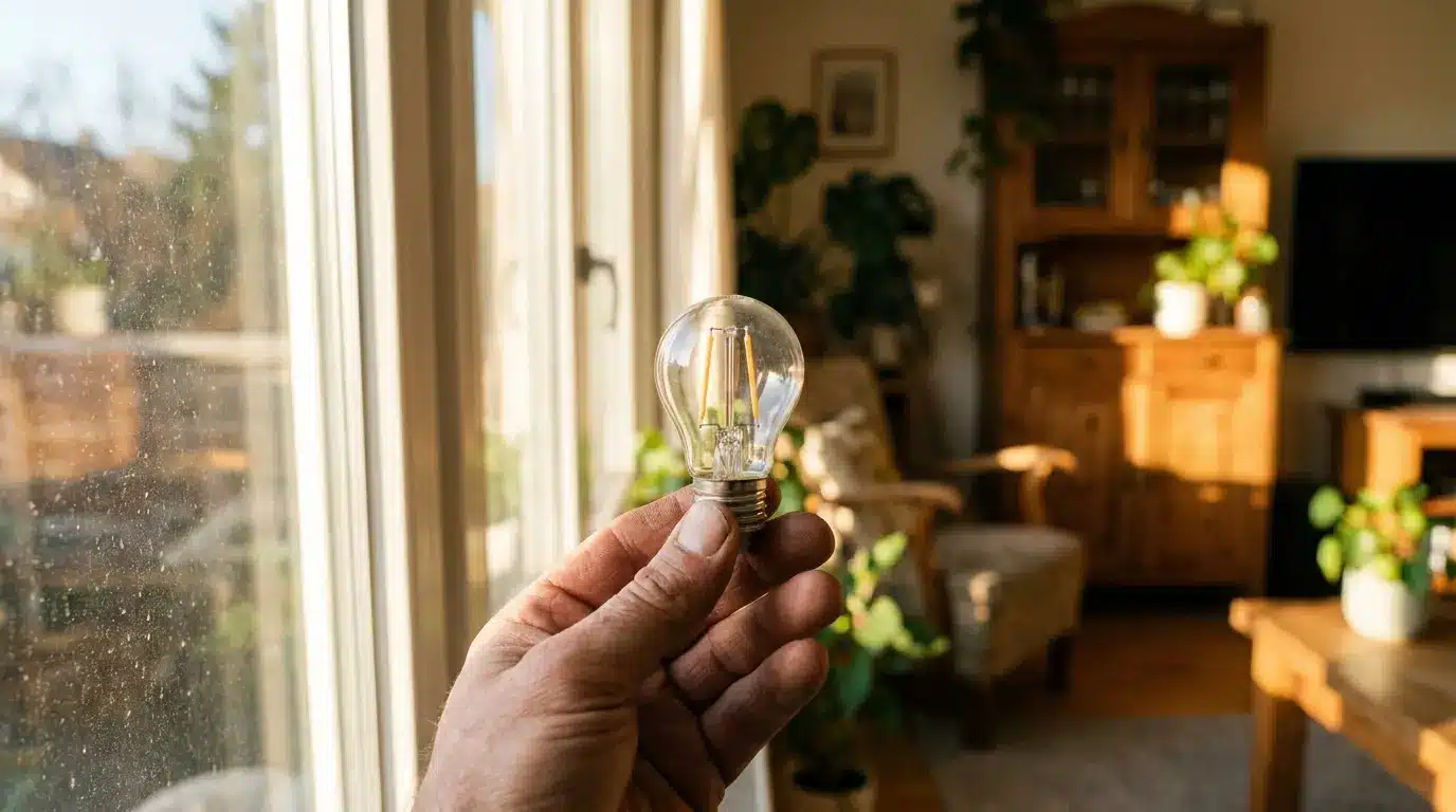 hand holding a clear led filament bulb near a sunlit window with living room in the background.