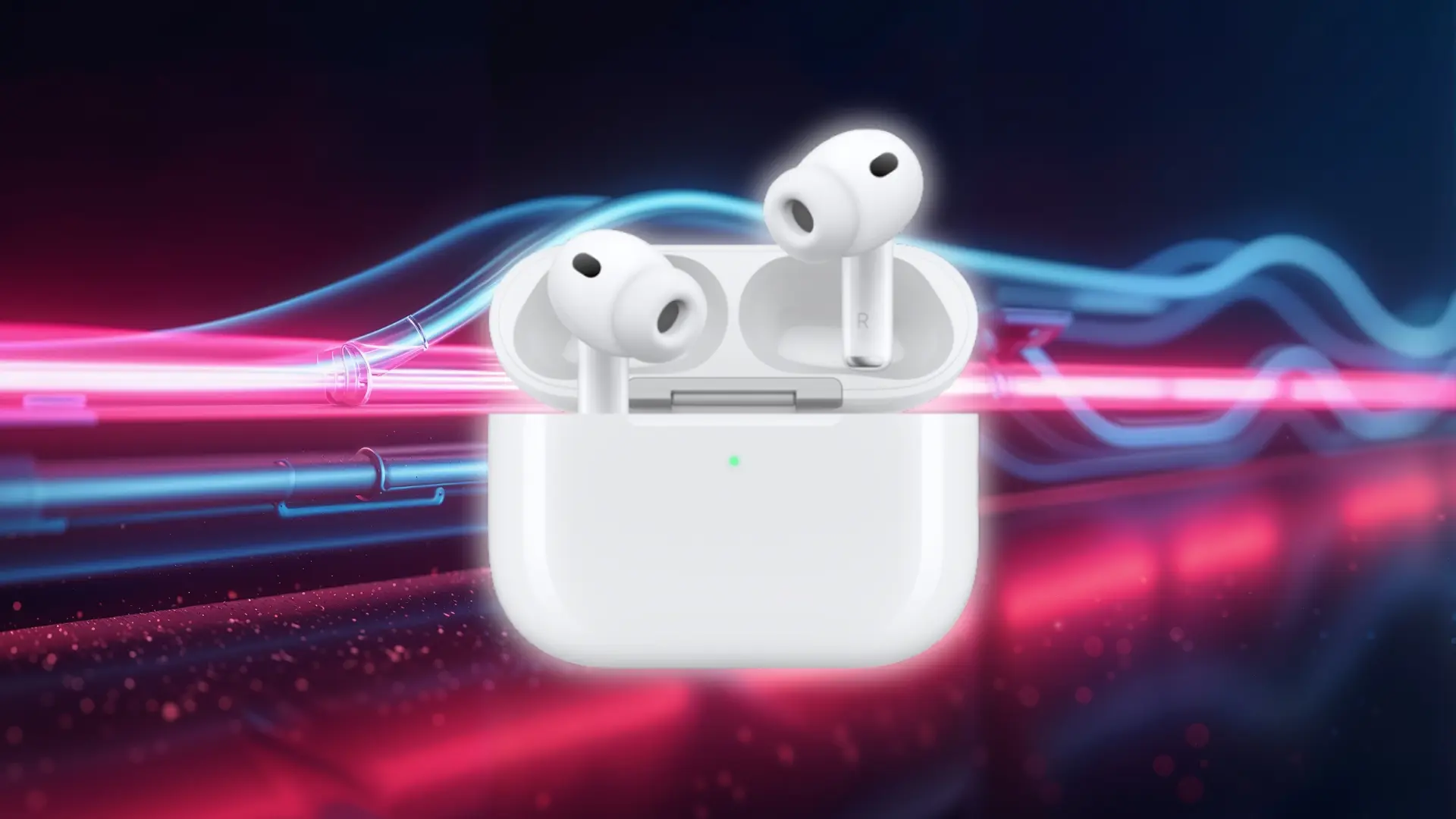 AirPods Pro earbuds in a charging case with colorful blue and pink light streaks in the background