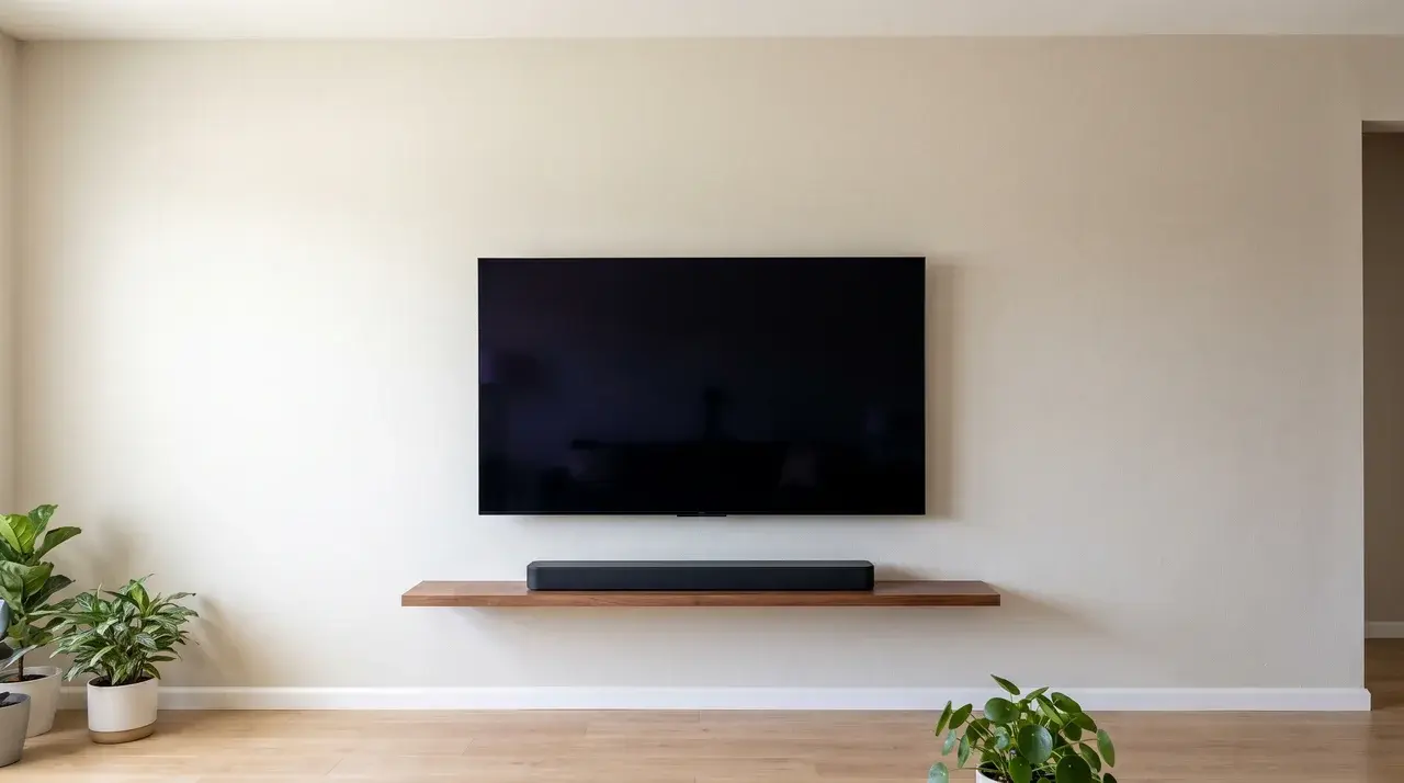 Wall-mounted TV with a soundbar beneath and clear space on both sides
