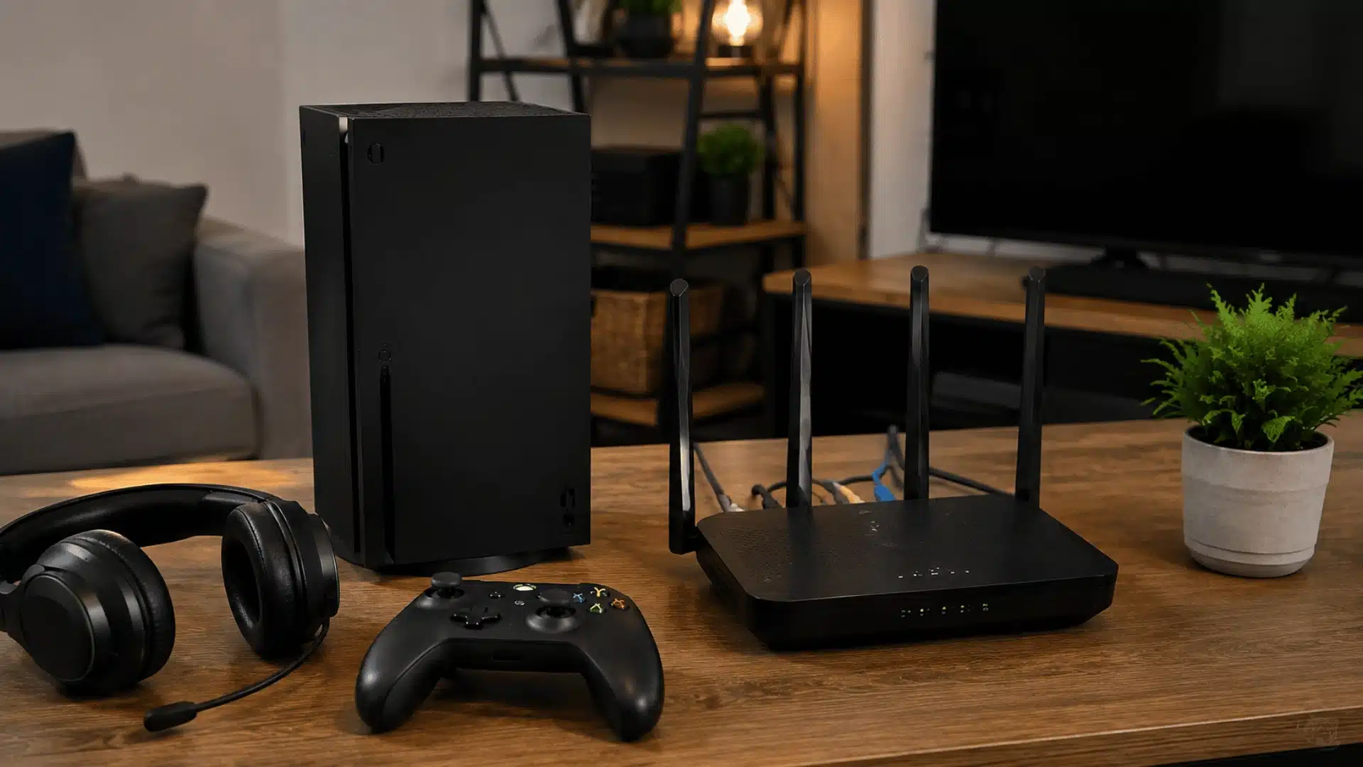 Gaming console, router, controller, and headset for online gaming setup