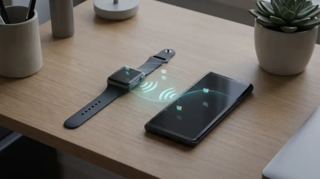 Apple Watch and Android phone with a wireless effect showing limited third-party connectivity.