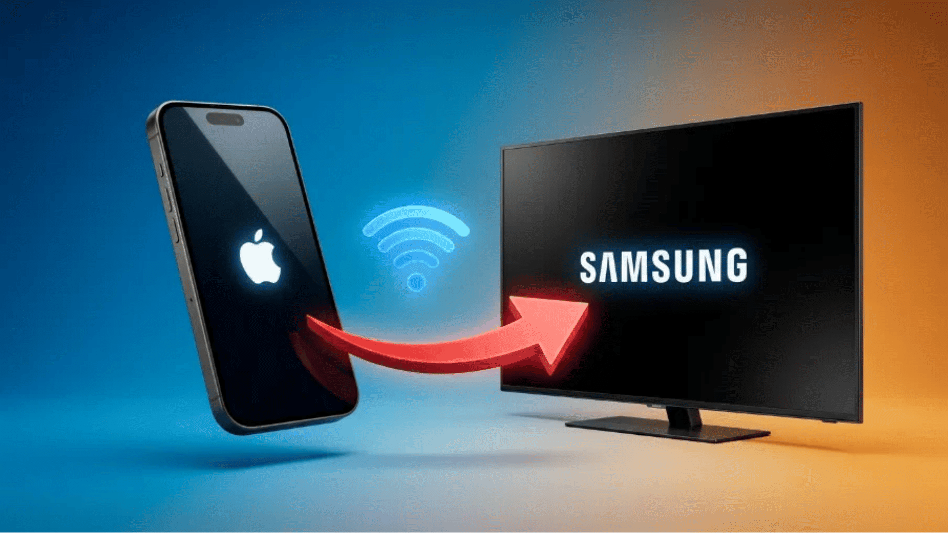 how to cast iphone to samsung tv 3d render showing apple logo on phone wifi signal and red arrow pointing to samsung tv screen