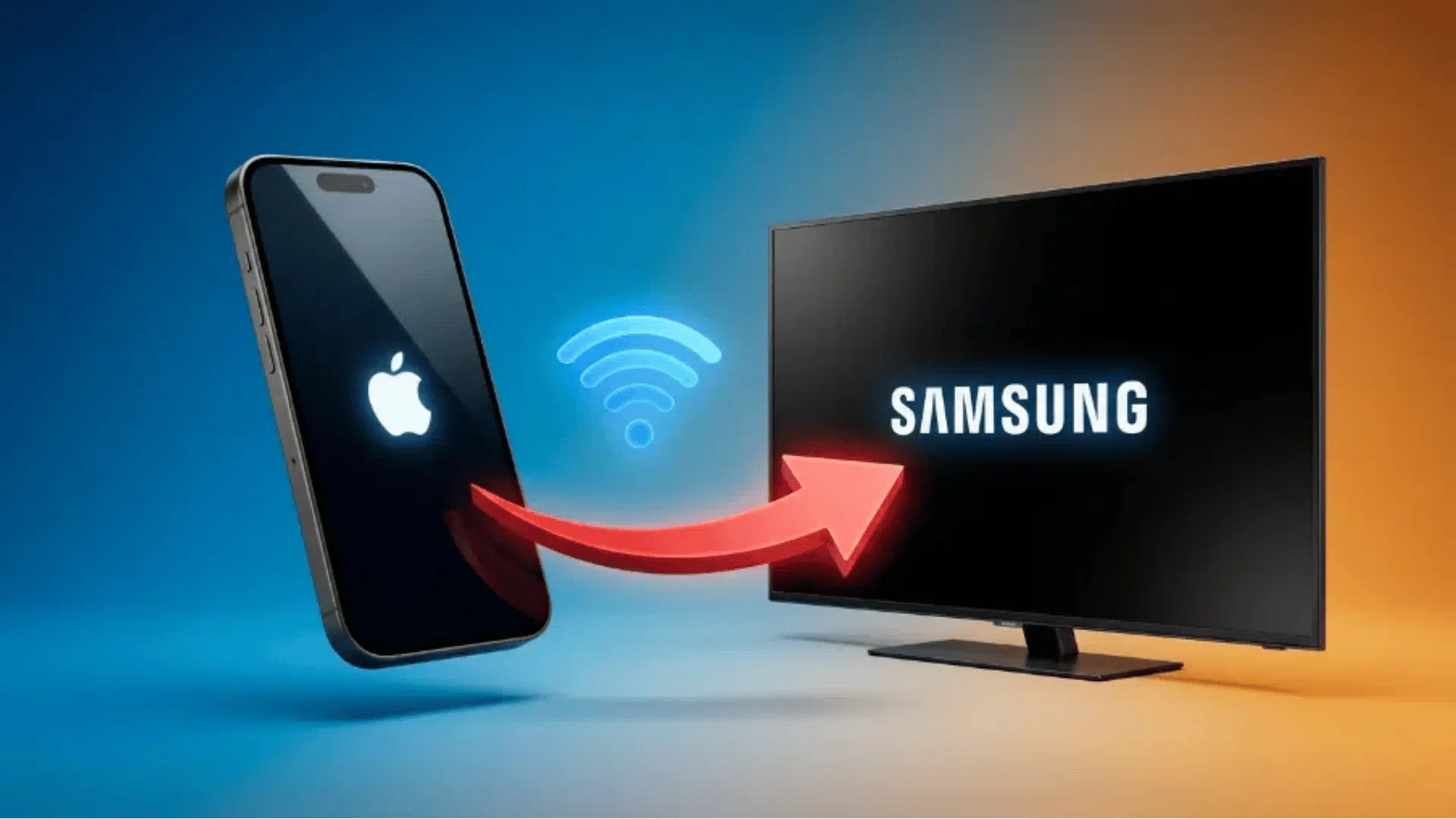 how to cast iphone to samsung tv 3d render showing apple logo on phone wifi signal and red arrow pointing to samsung tv screen
