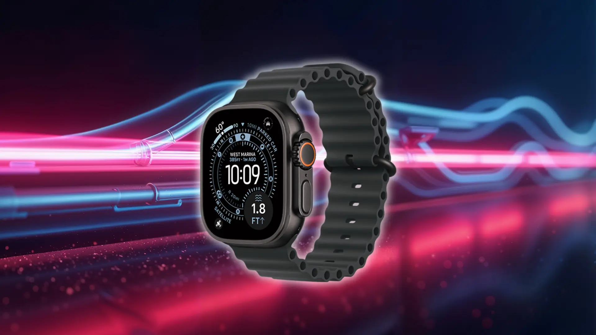 Black Apple Watch with sport band displayed against a blue and pink light streak background