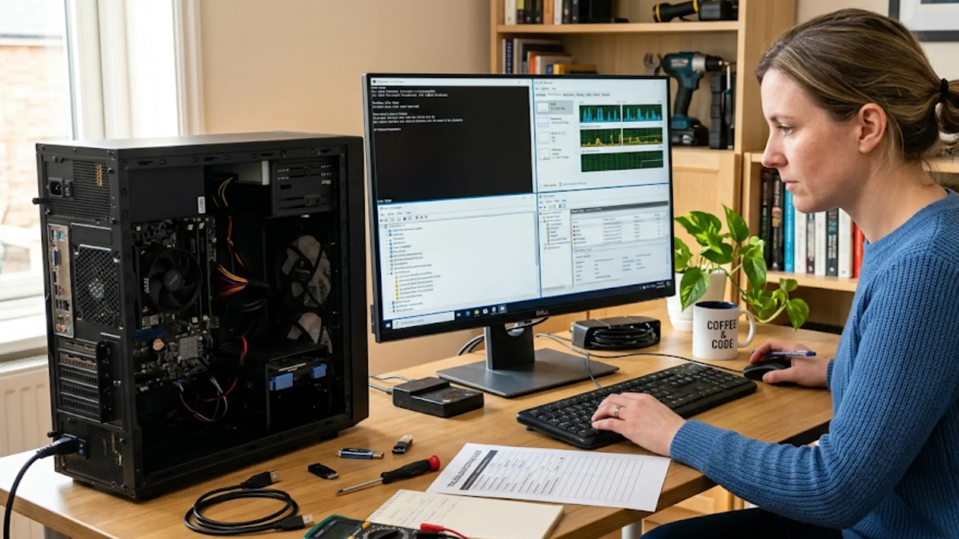 person works at a desk diagnosing a computer with open system windows, cables, tools, and a checklist nearby