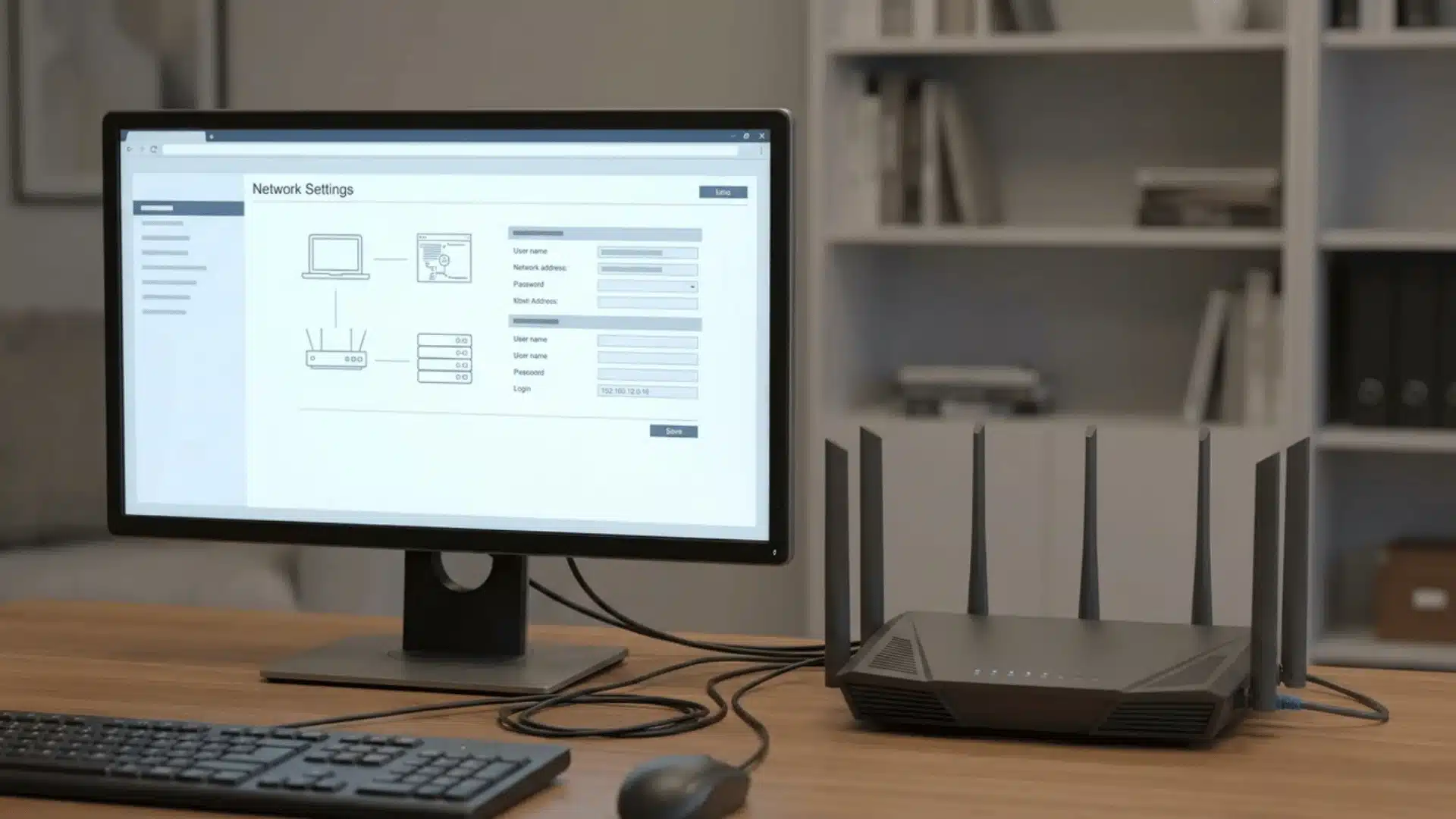 Desktop monitor with generic network settings beside a home router