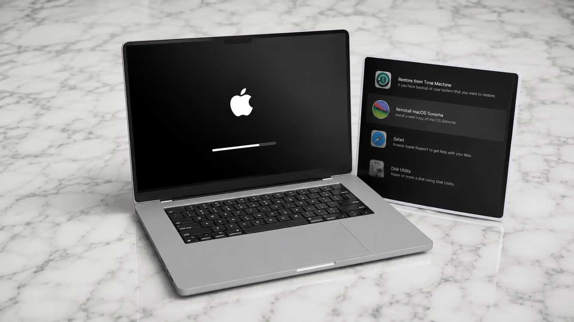 MacBook showing a startup progress bar beside the macOS Recovery options on a marble surface