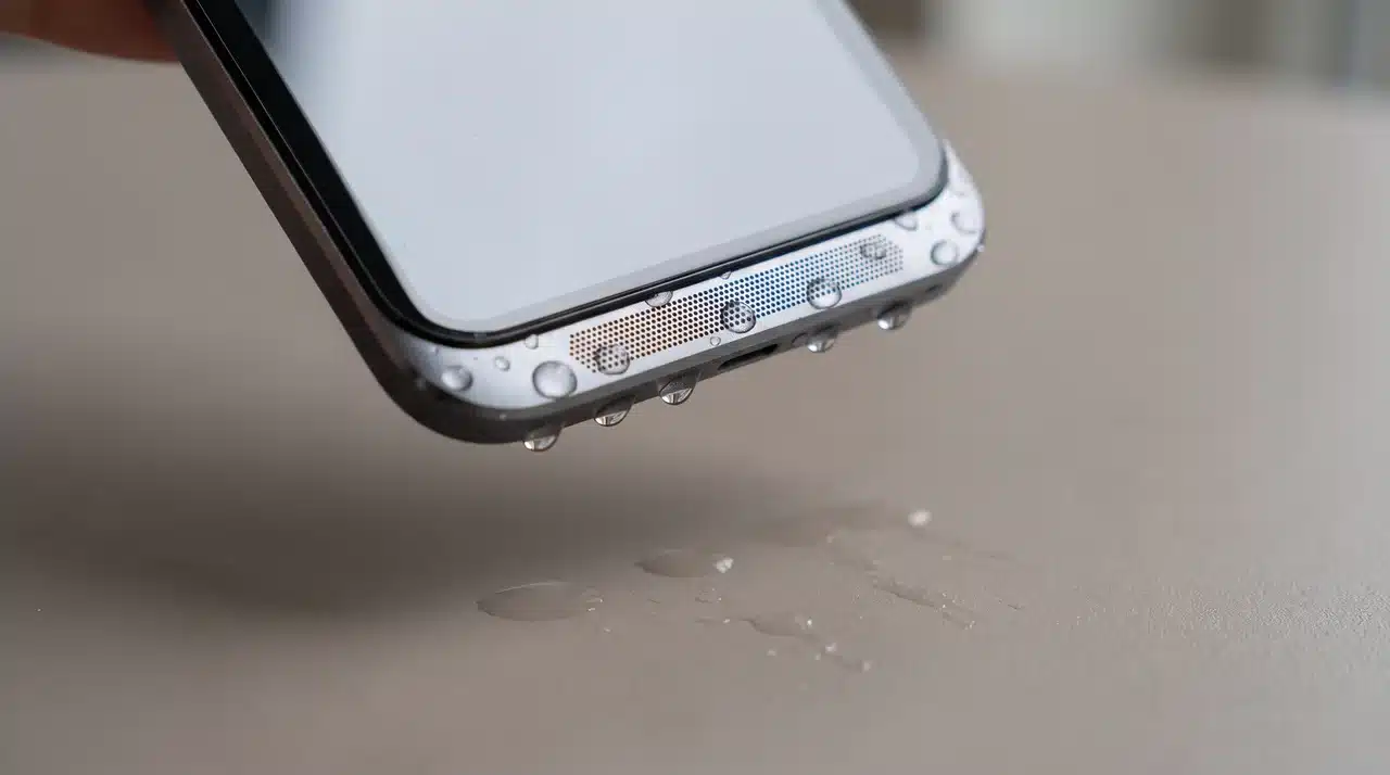 Smartphone held speaker-down with water droplets on the speaker grille