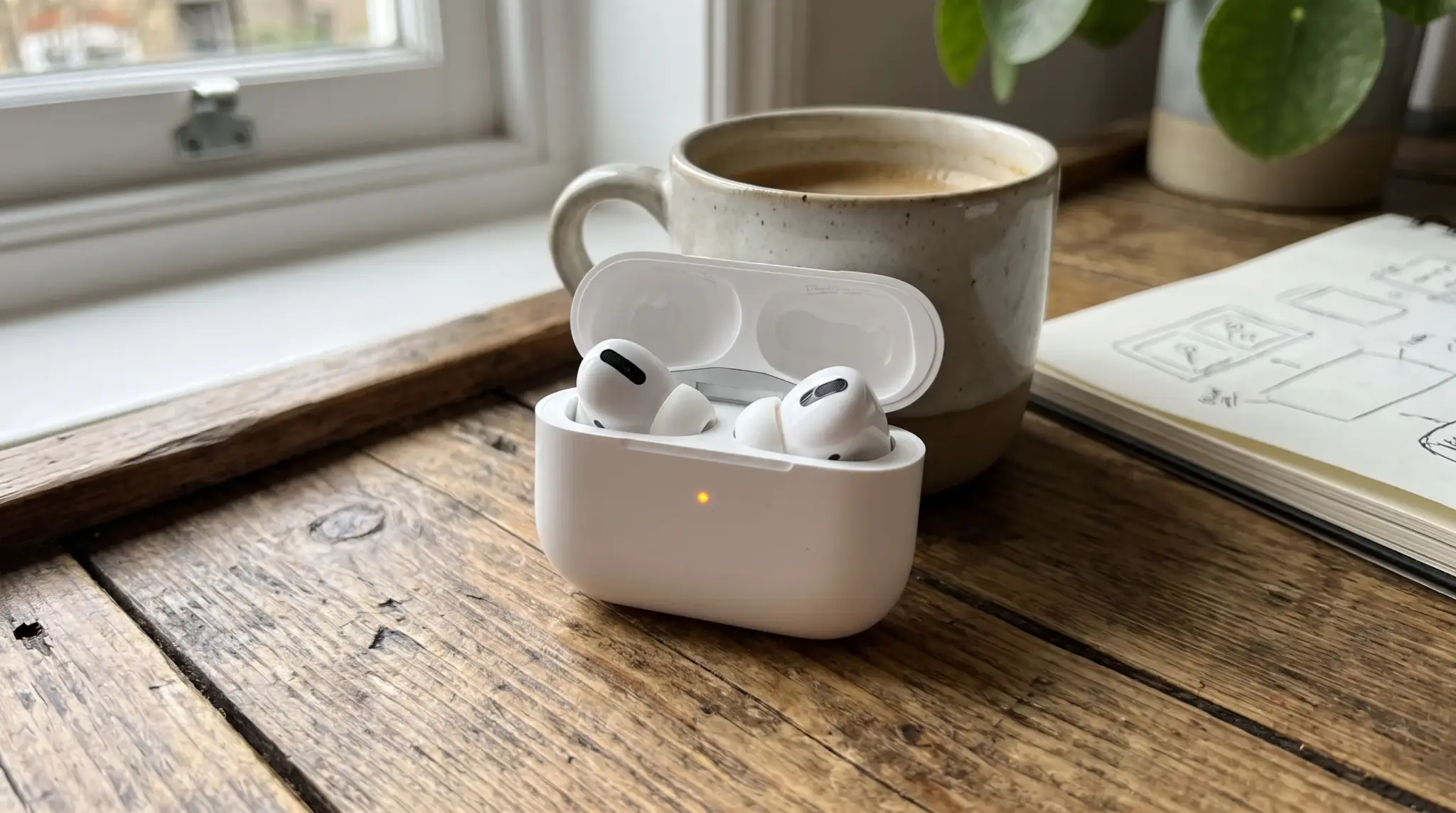 White wireless earbuds in an open charging case beside a coffee cup and notebook on a wooden table.