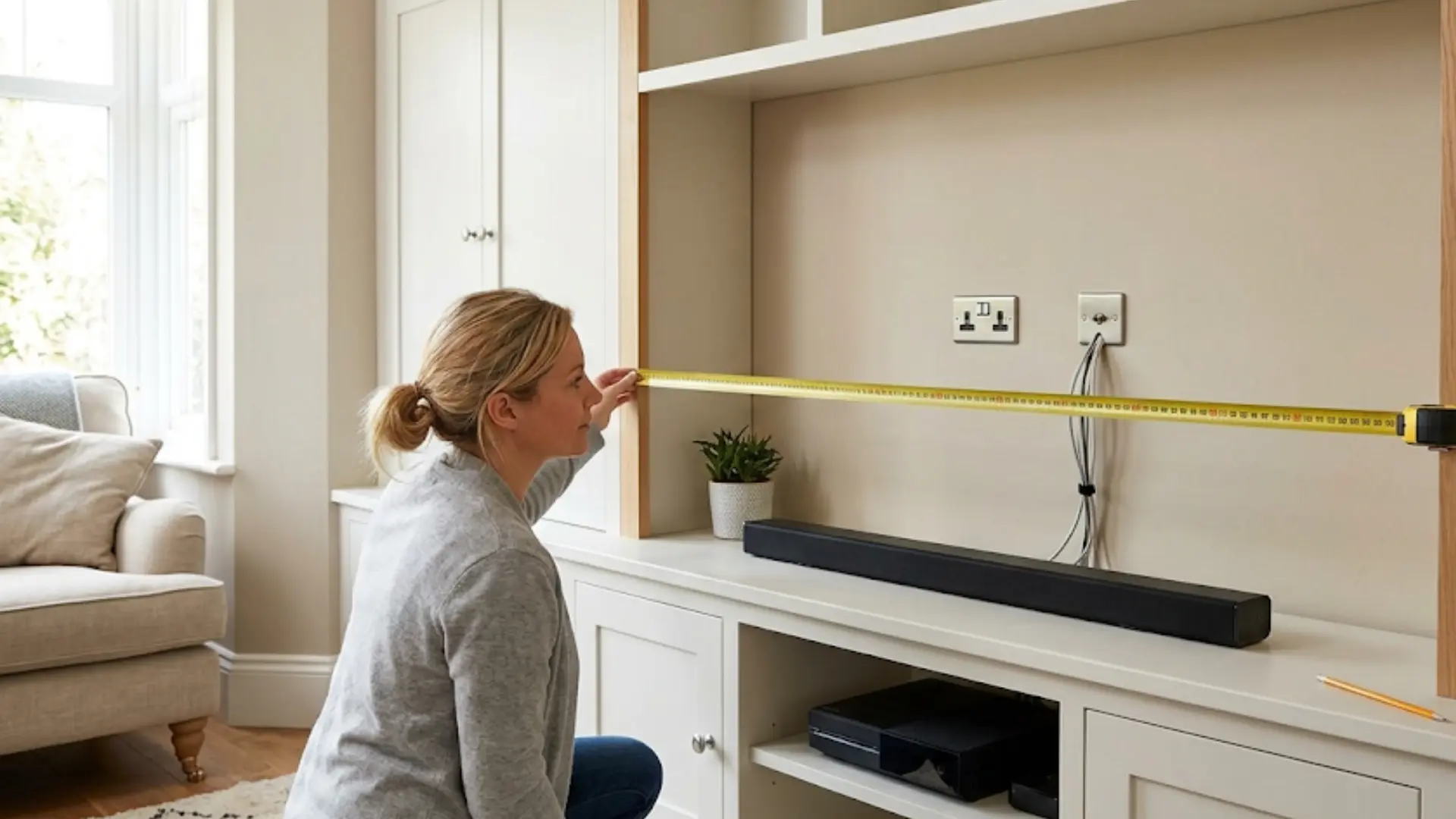 person uses a tape measure across a white built-in cabinet alcove with wall outlets and a soundbar