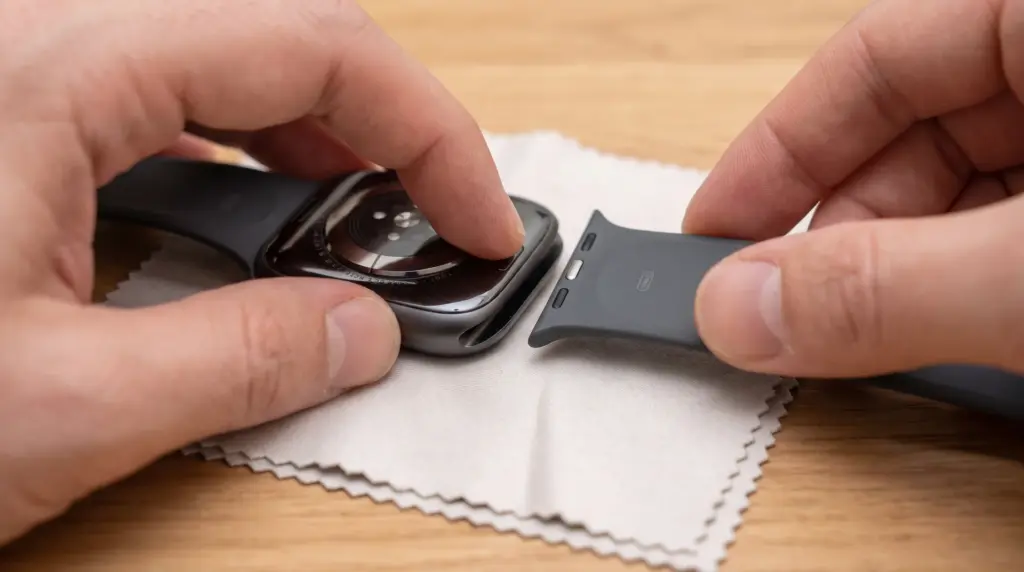 Hands pressing the watch release button and sliding an Apple Watch band out of the case slot.