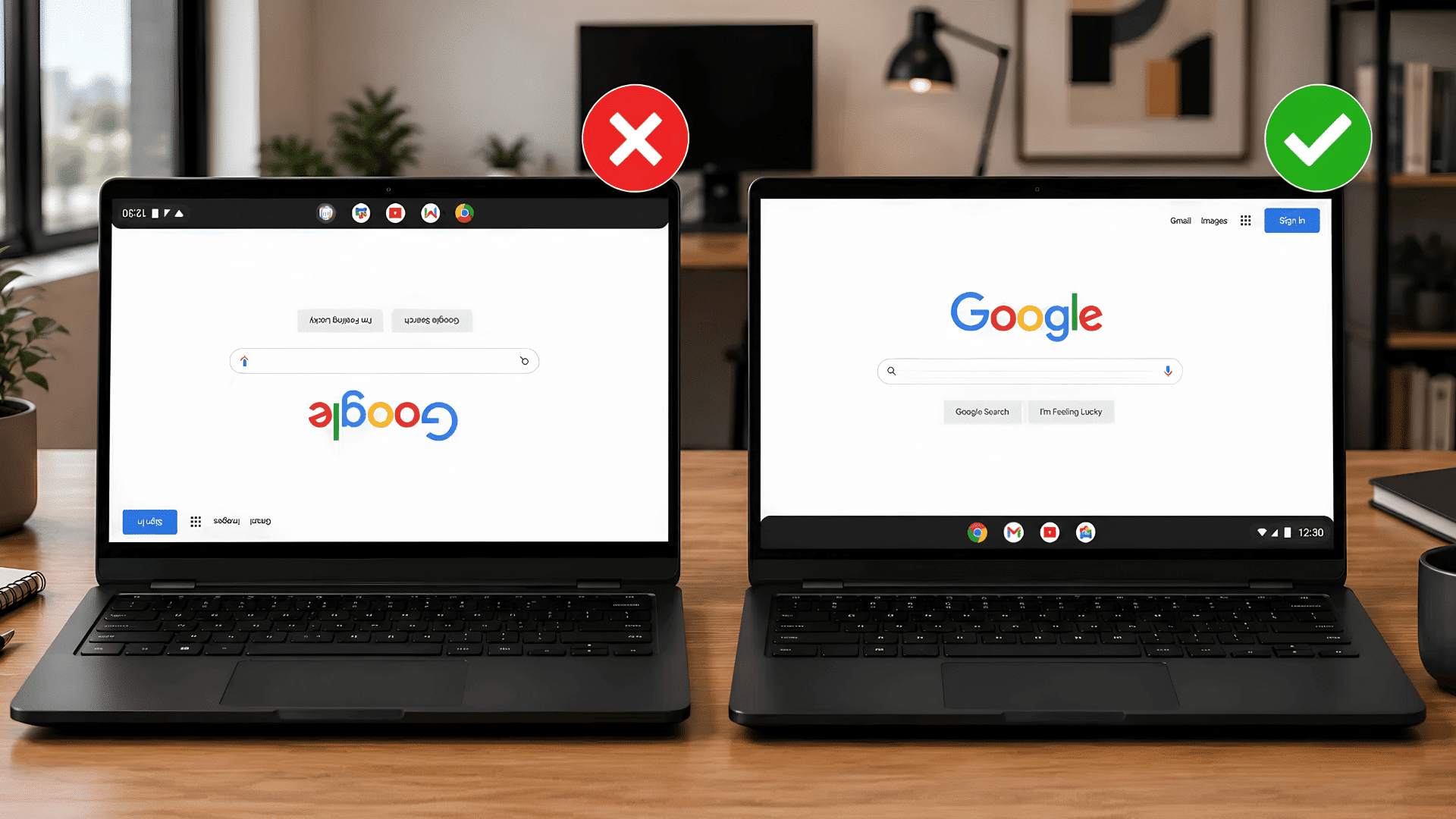 how to rotate screen on chromebook shown on two chromebooks, one with an upside-down screen and one displaying normally