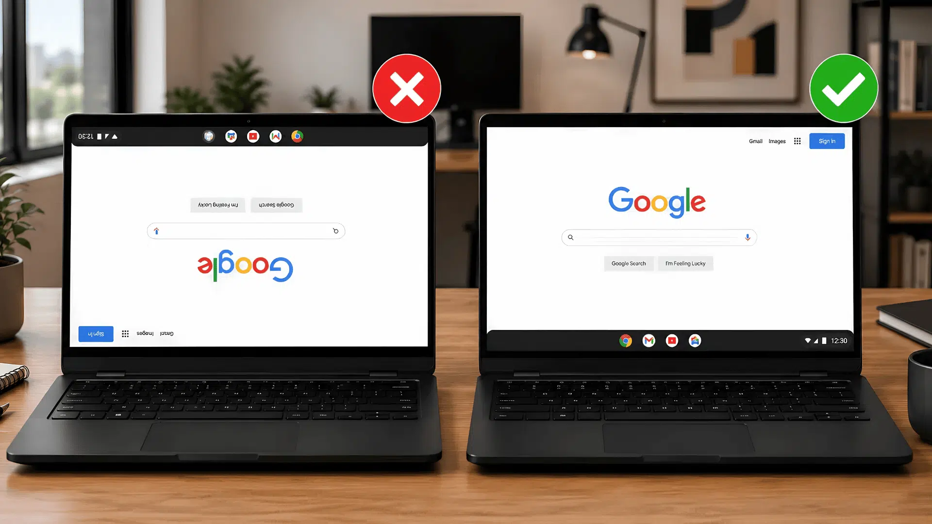 how to rotate screen on chromebook shown on two chromebooks, one with an upside-down screen and one displaying normally