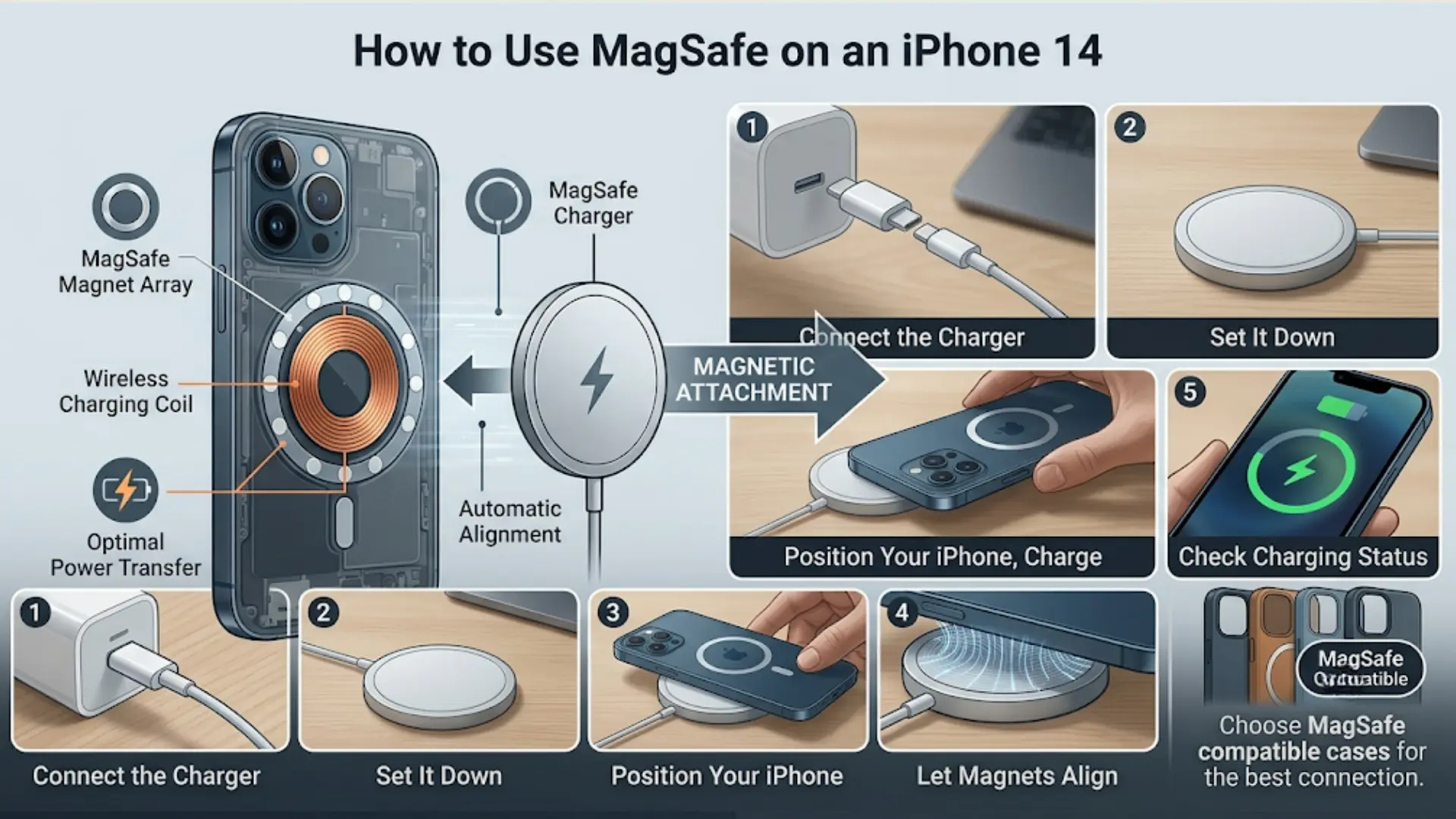 infographic explaining how to use MagSafe on iPhone 14, featuring a labeled diagram, a step-by-step guide, and case selection tips
