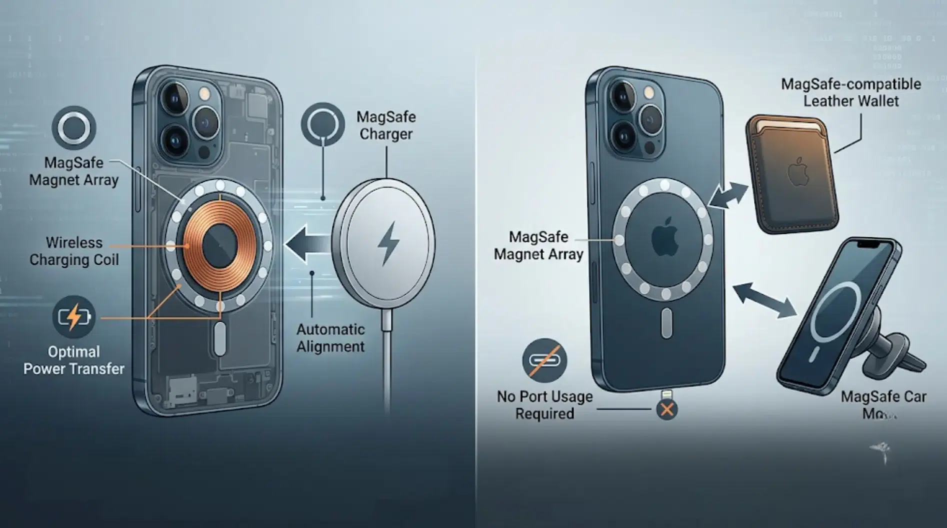 technical illustration shows how the iPhone 14's circular magnet array automatically aligns with a MagSafe charger, maximizing power transfer efficiency while leaving the Lightning port free