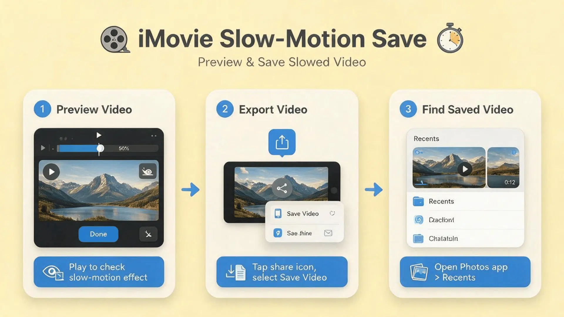 imovie preview export and save steps for a slowed video on iphone