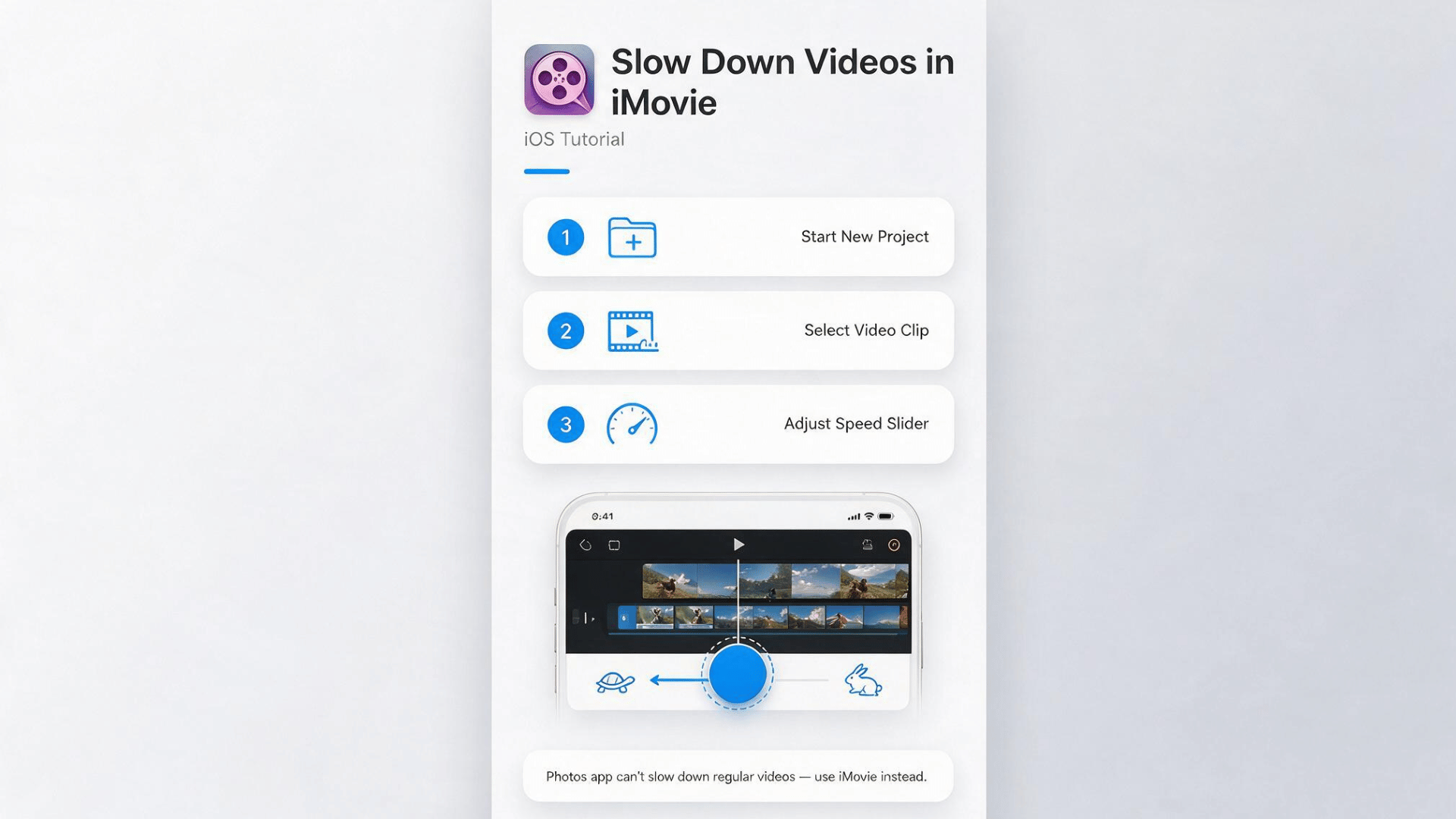 imovie steps showing how to start a project select a video clip and adjust speed on iphone