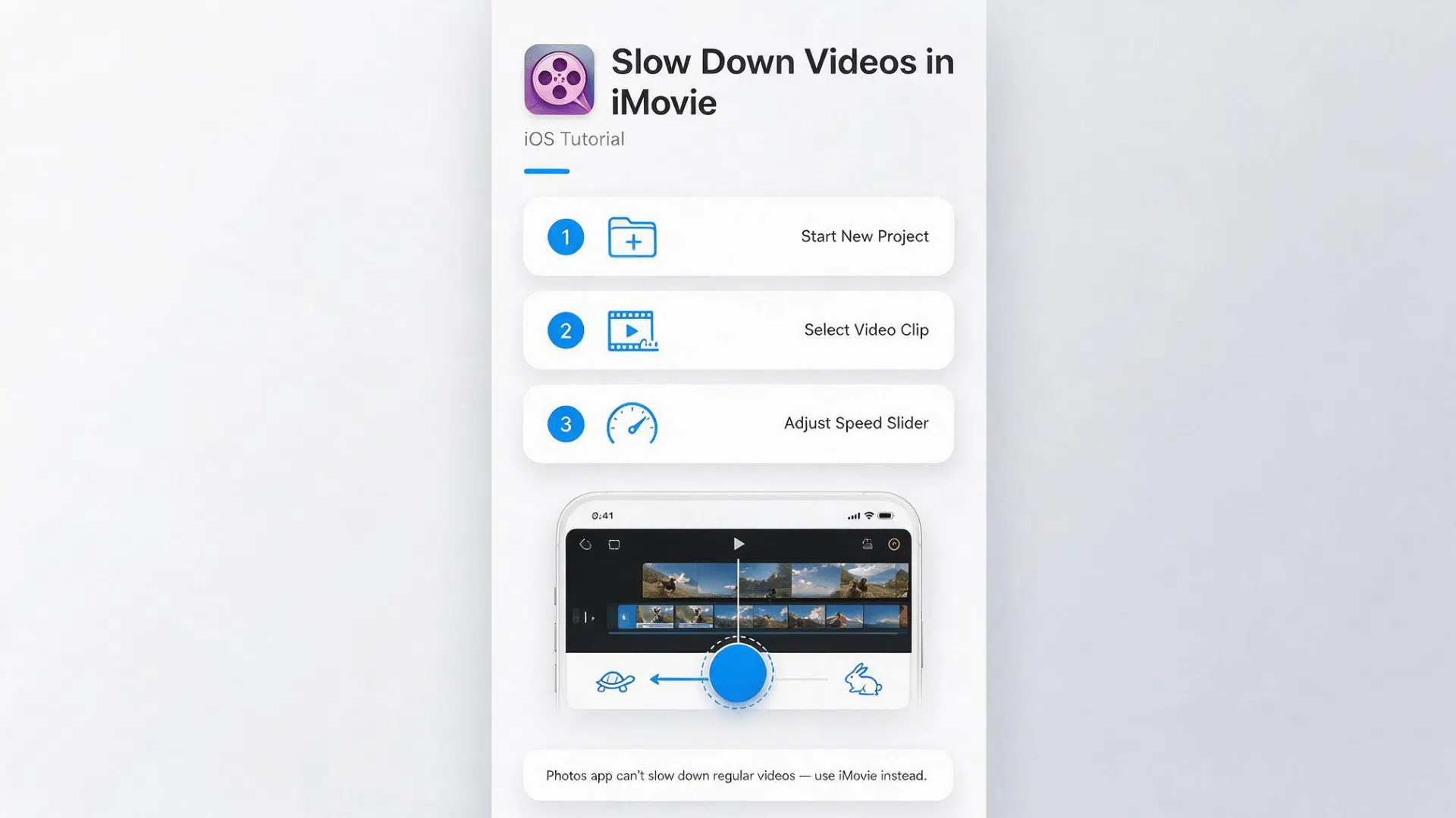 imovie steps showing how to start a project select a video clip and adjust speed on iphone