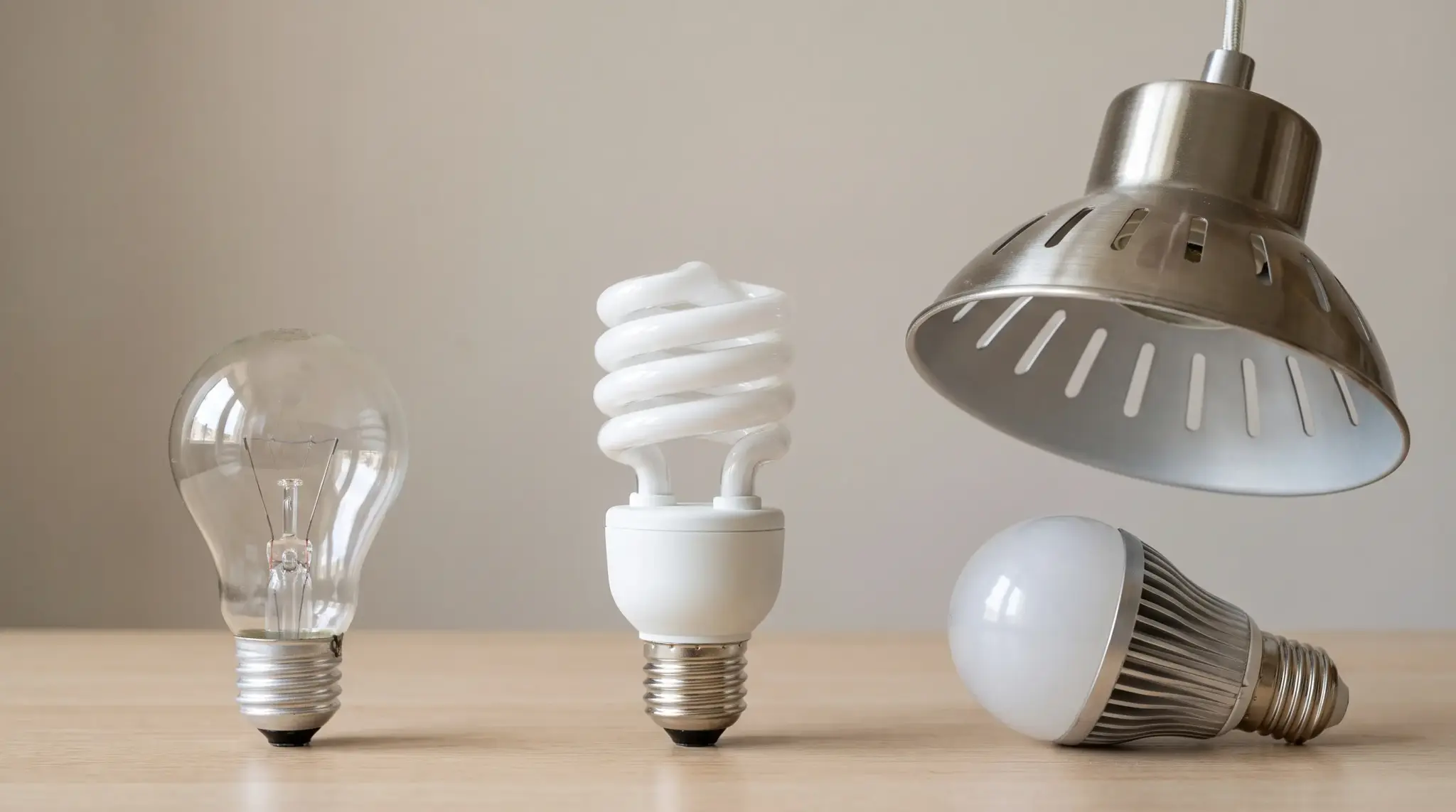 Incandescent, CFL, and LED household bulbs arranged side by side