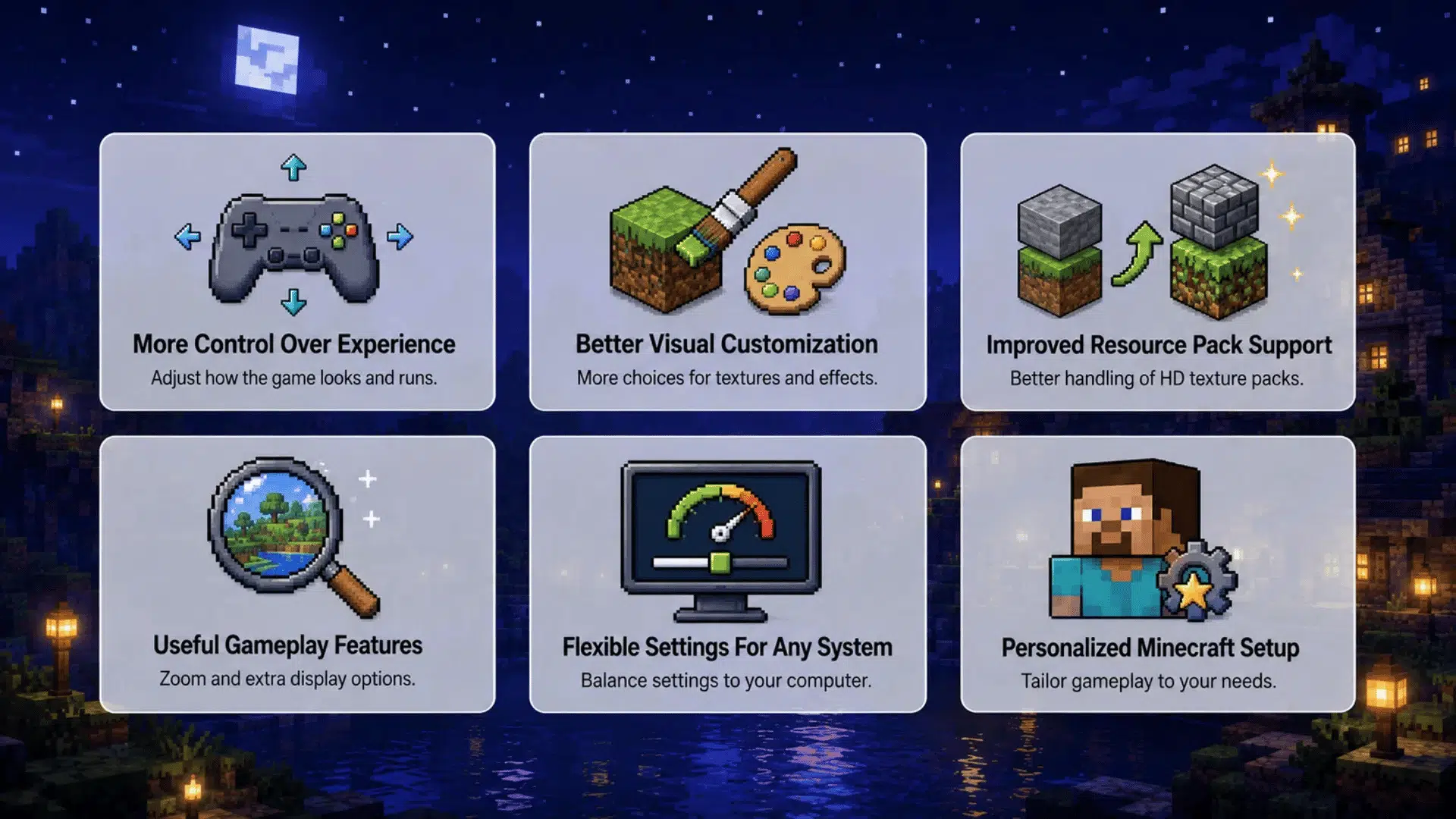 infographic showing 6 optifine benefits controls, visual customization, resource packs, gameplay features, flexible settings, personalization
