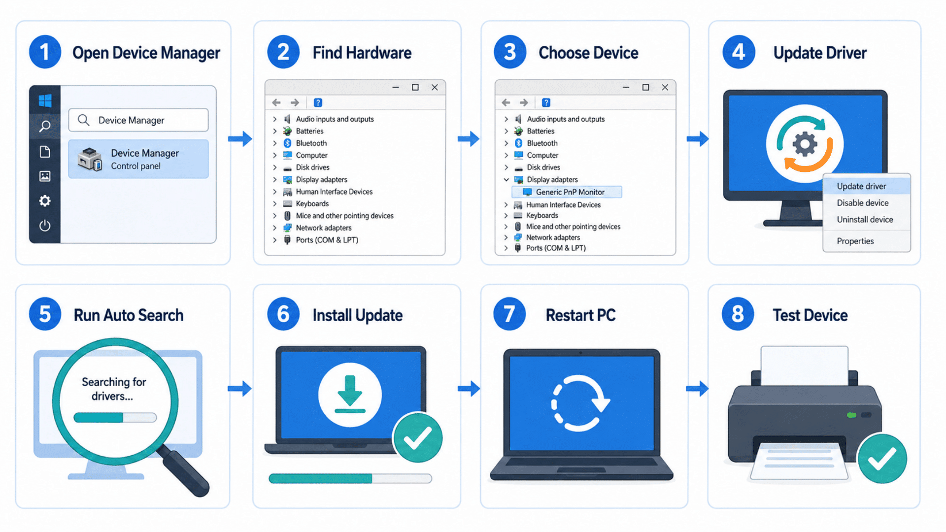 infographic showing steps to update a device driver restart the computer and test the hardware