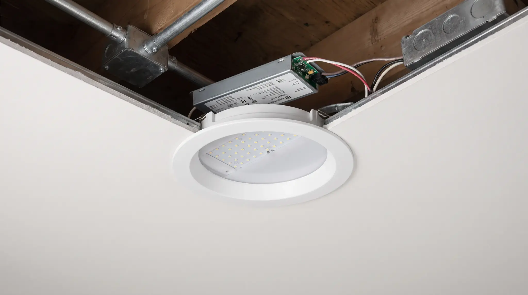 Integrated LED ceiling fixture with a visible driver and ventilation space above