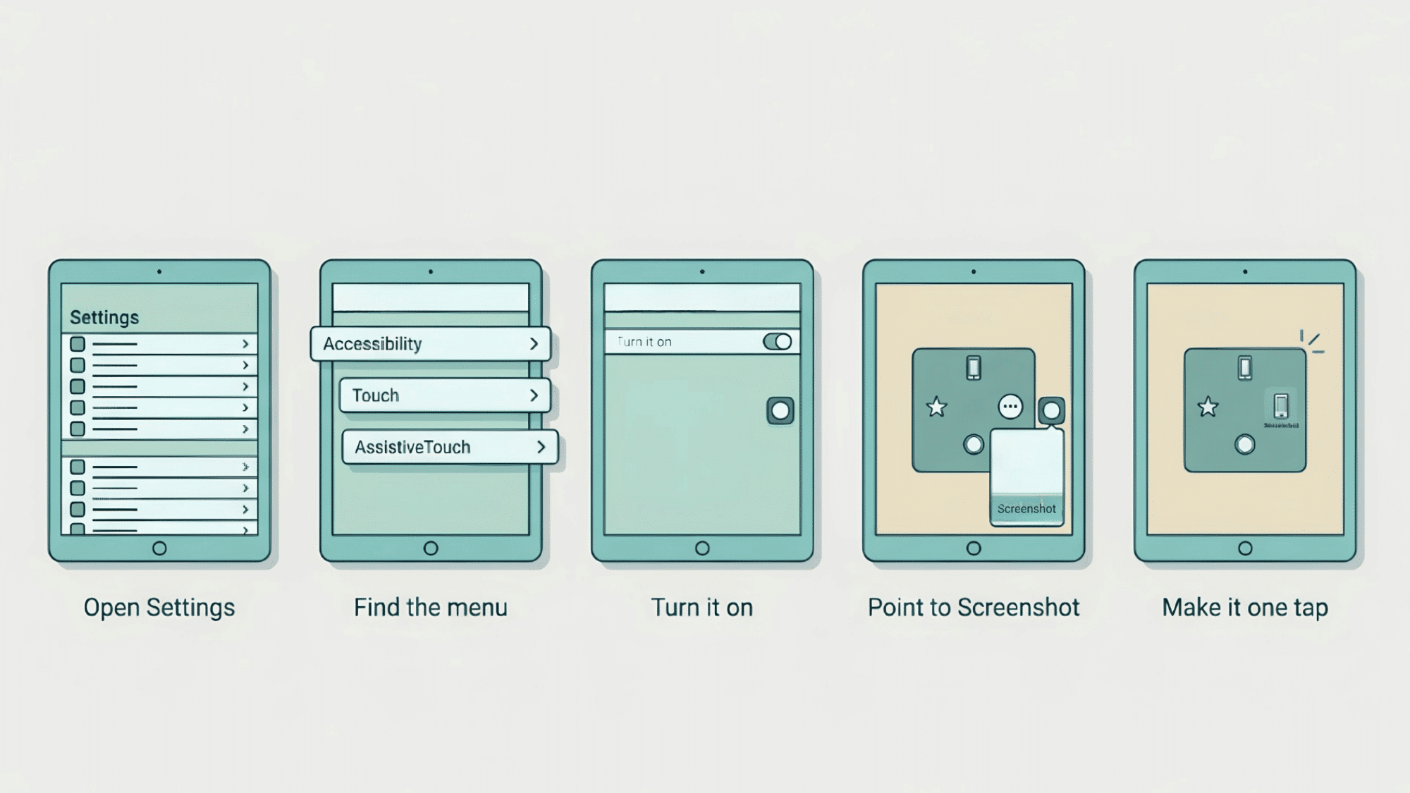 ipad screens showing assistive touch turned on and set up for one-tap screenshot