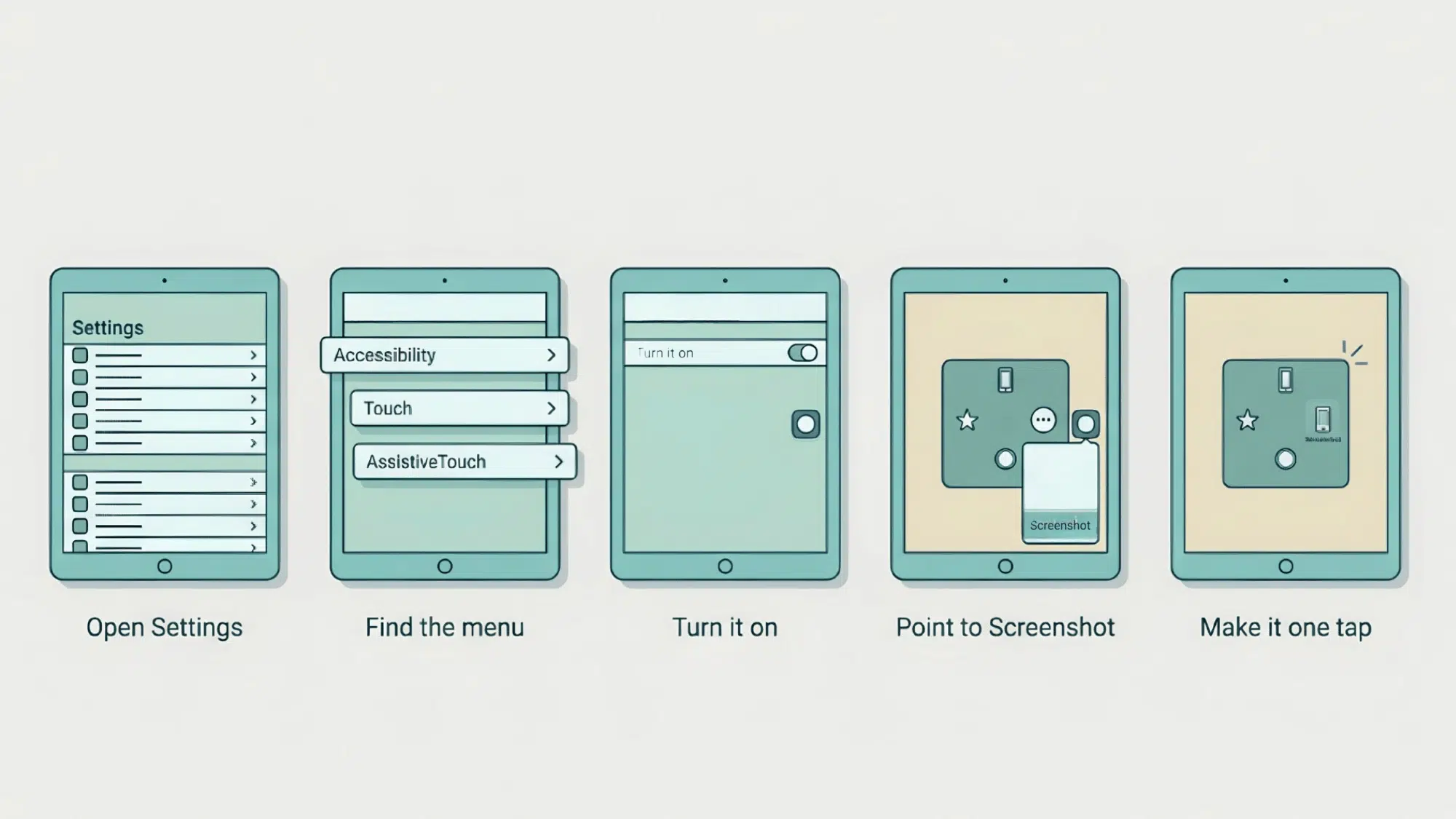 ipad screens showing assistive touch turned on and set up for one-tap screenshot