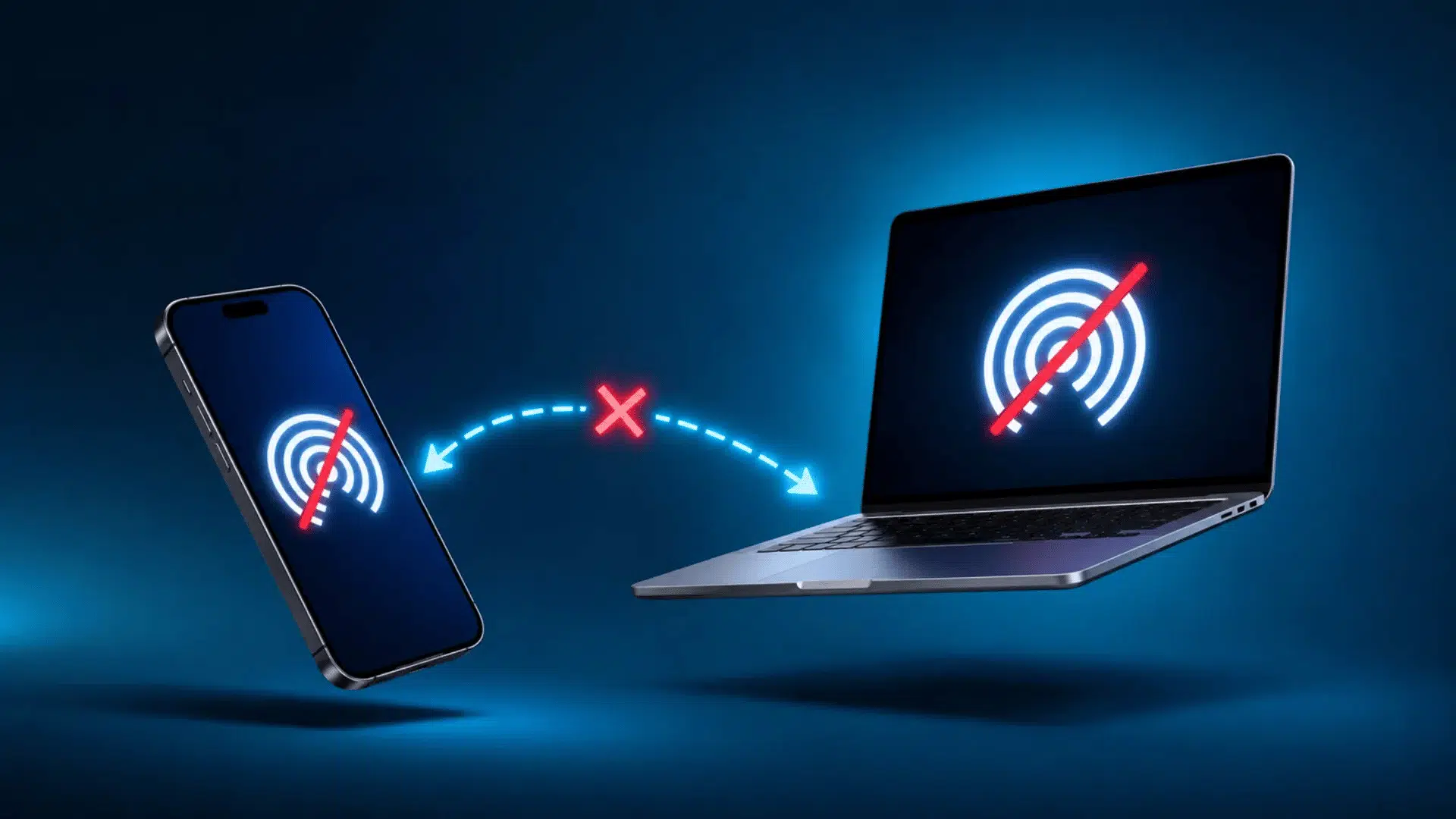 iphone and macbook floating with a red x showing airdrop not working between devices