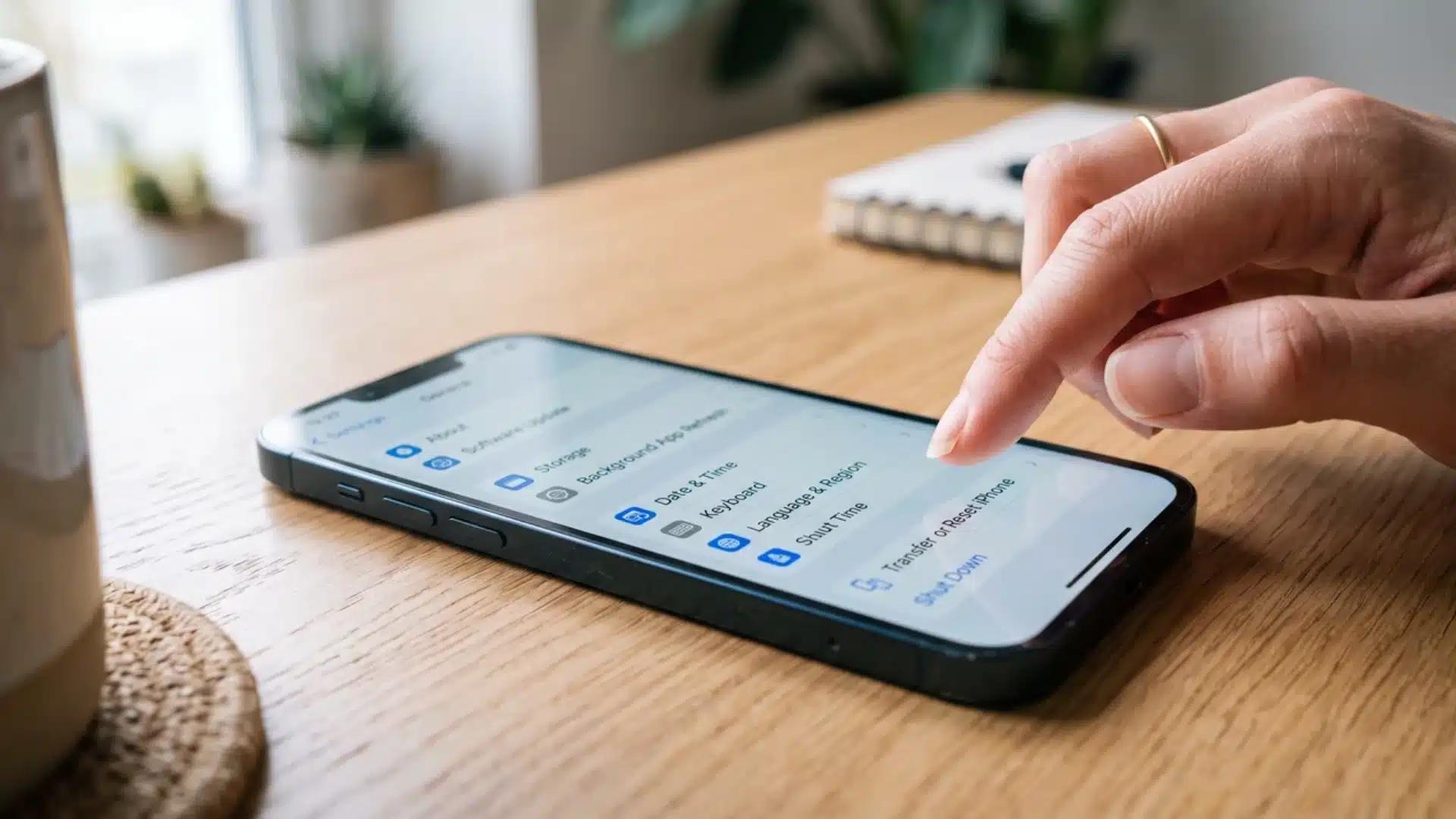 A hand tapping the Transfer or Reset iPhone option in iOS settings menu