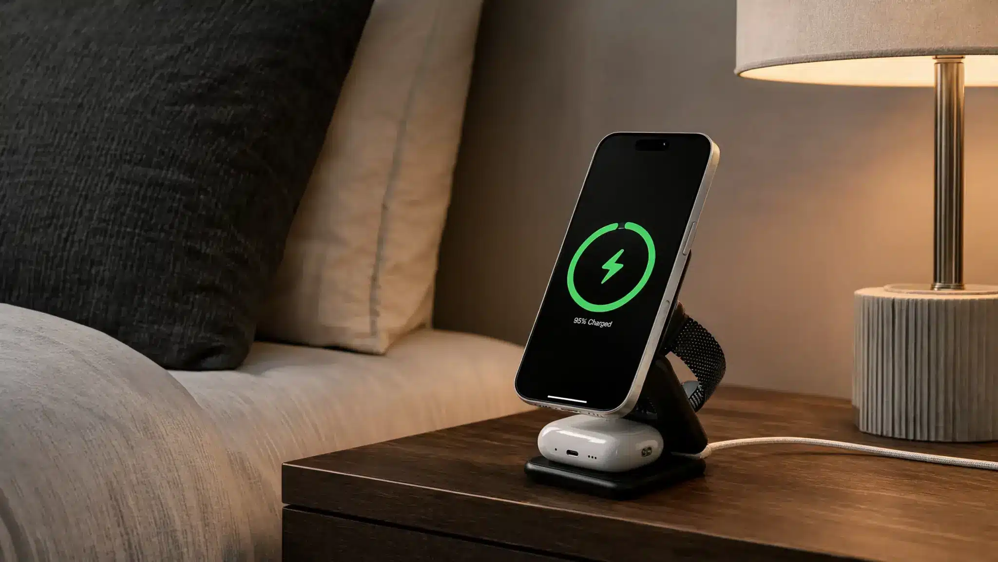 iPhone charging on a MagSafe stand on a bedside table