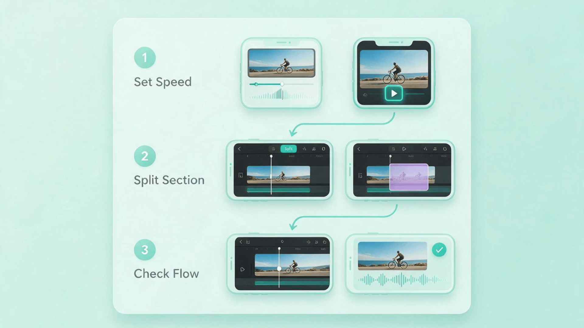 iphone video editing steps showing speed adjustment, splitting sections, and checking video flow for smoother playback